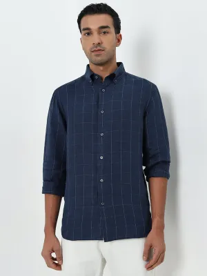 Ascot Navy Checkered Relaxed-Fit Linen Shirt