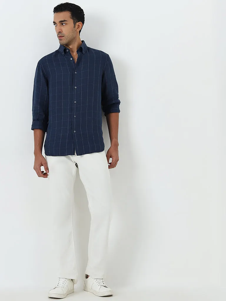 Ascot Navy Checkered Relaxed-Fit Linen Shirt