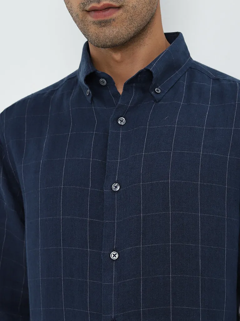 Ascot Navy Checkered Relaxed-Fit Linen Shirt