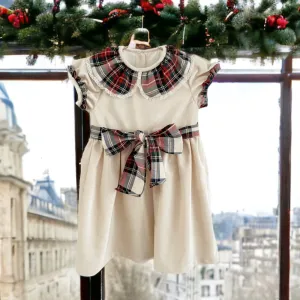 AW Fofettes Ivory Velvet Dress With Tartan Bow