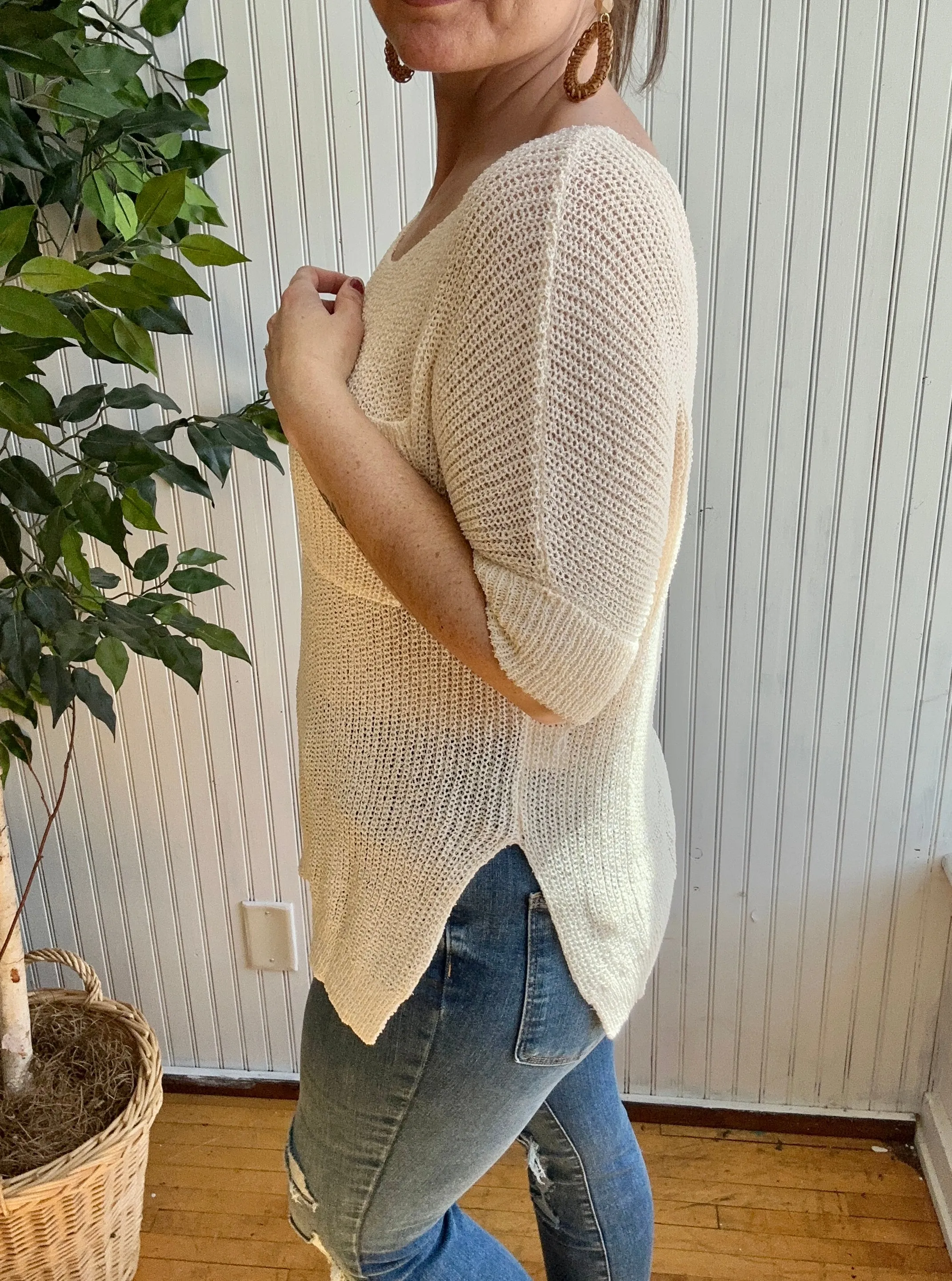 Beige Slouchy Knitted Top with Pocket