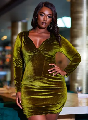 Being Selfish V-Neck Long Sleeve Corset Velvet Mini Dress - Olive Green