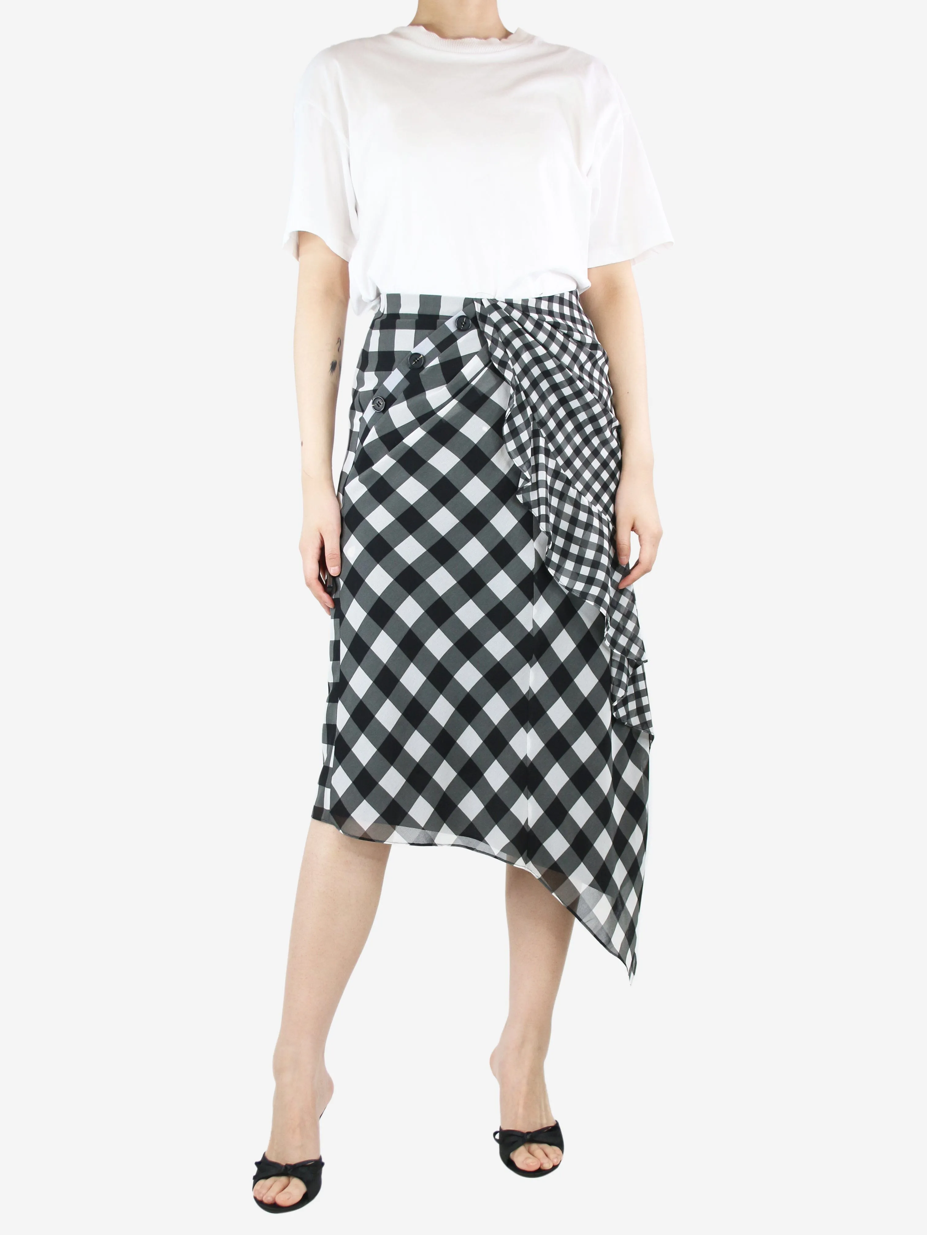 Black checkered asymmetric midi skirt - size UK 8