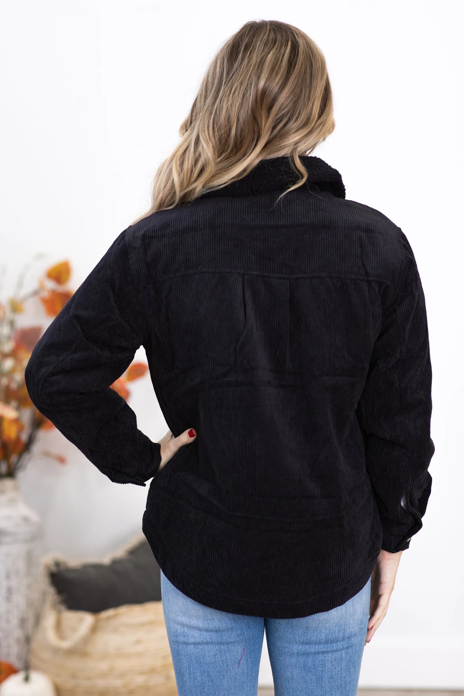 Black Corduroy Jacket With Sherpa Collar