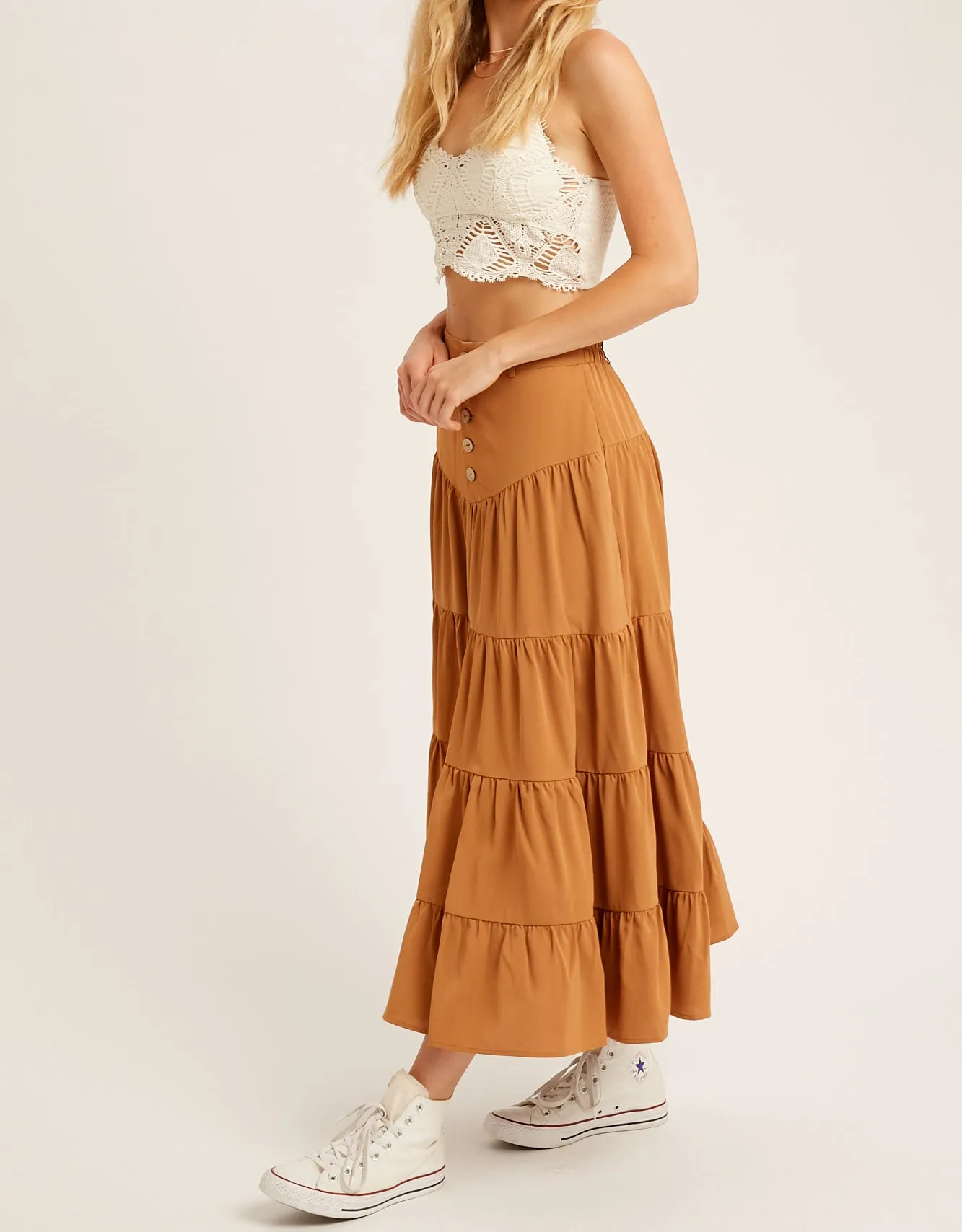 BUTTON DOWN WAIST TIERED MAXI SKIRT