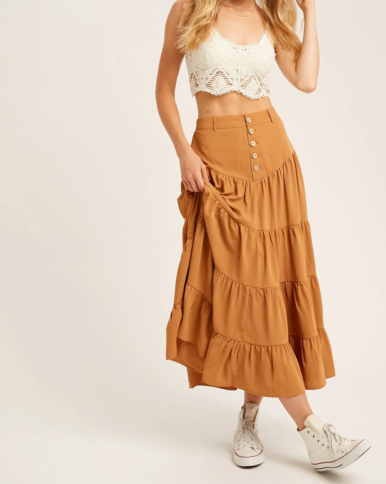 BUTTON DOWN WAIST TIERED MAXI SKIRT