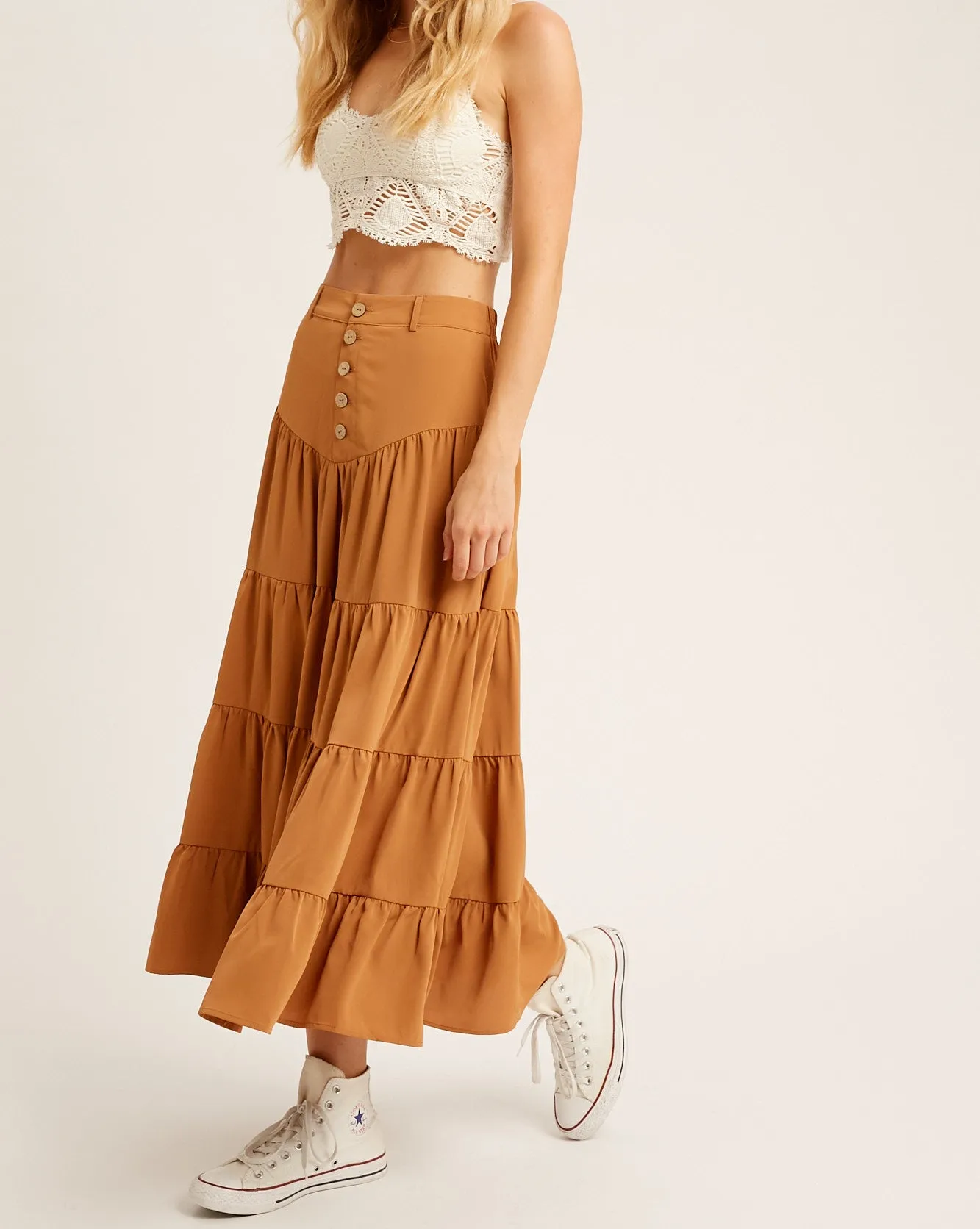 BUTTON DOWN WAIST TIERED MAXI SKIRT