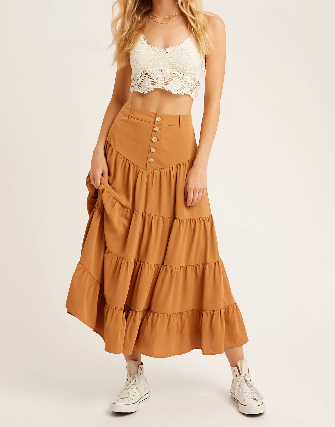 BUTTON DOWN WAIST TIERED MAXI SKIRT