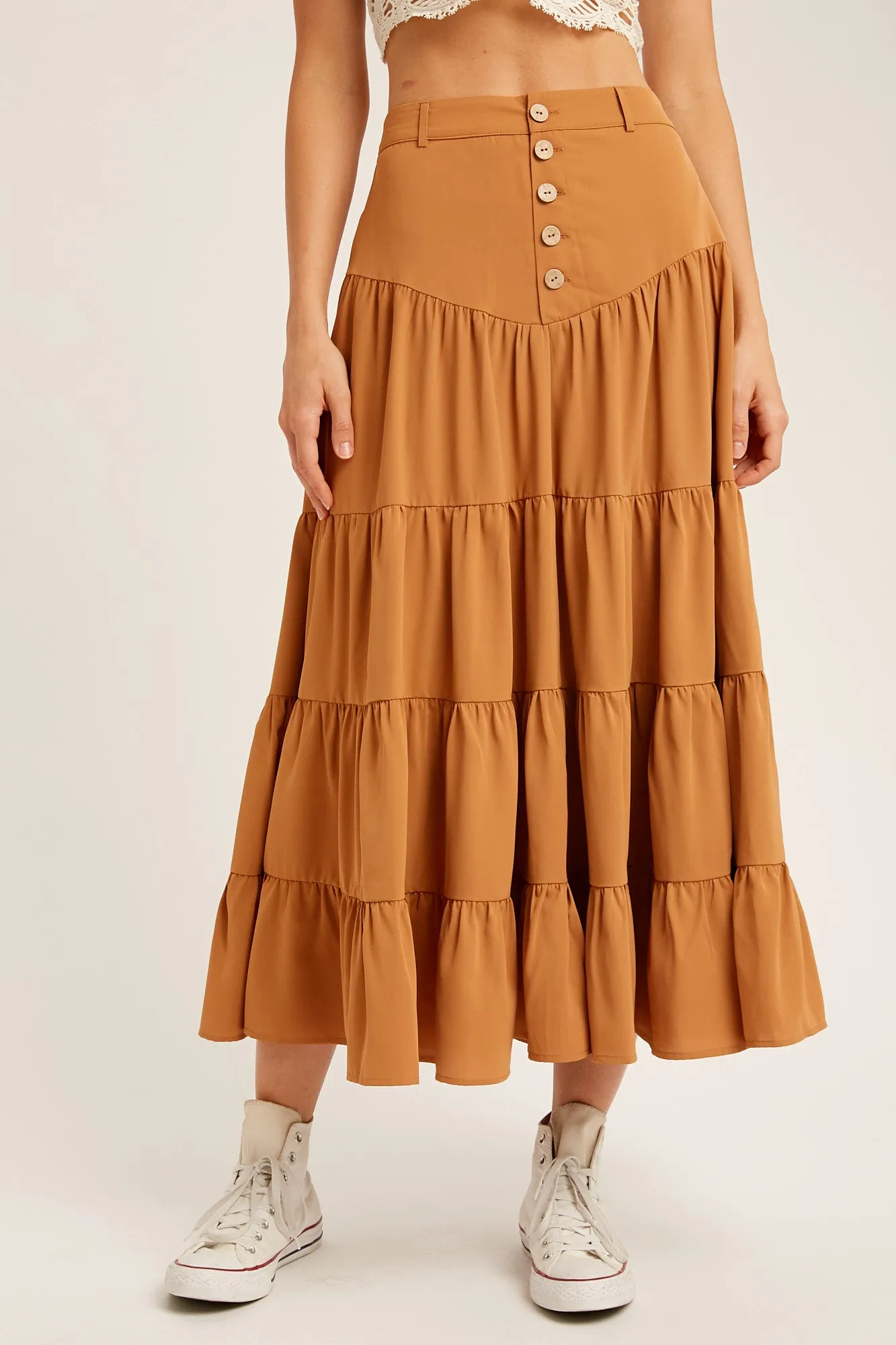 BUTTON DOWN WAIST TIERED MAXI SKIRT