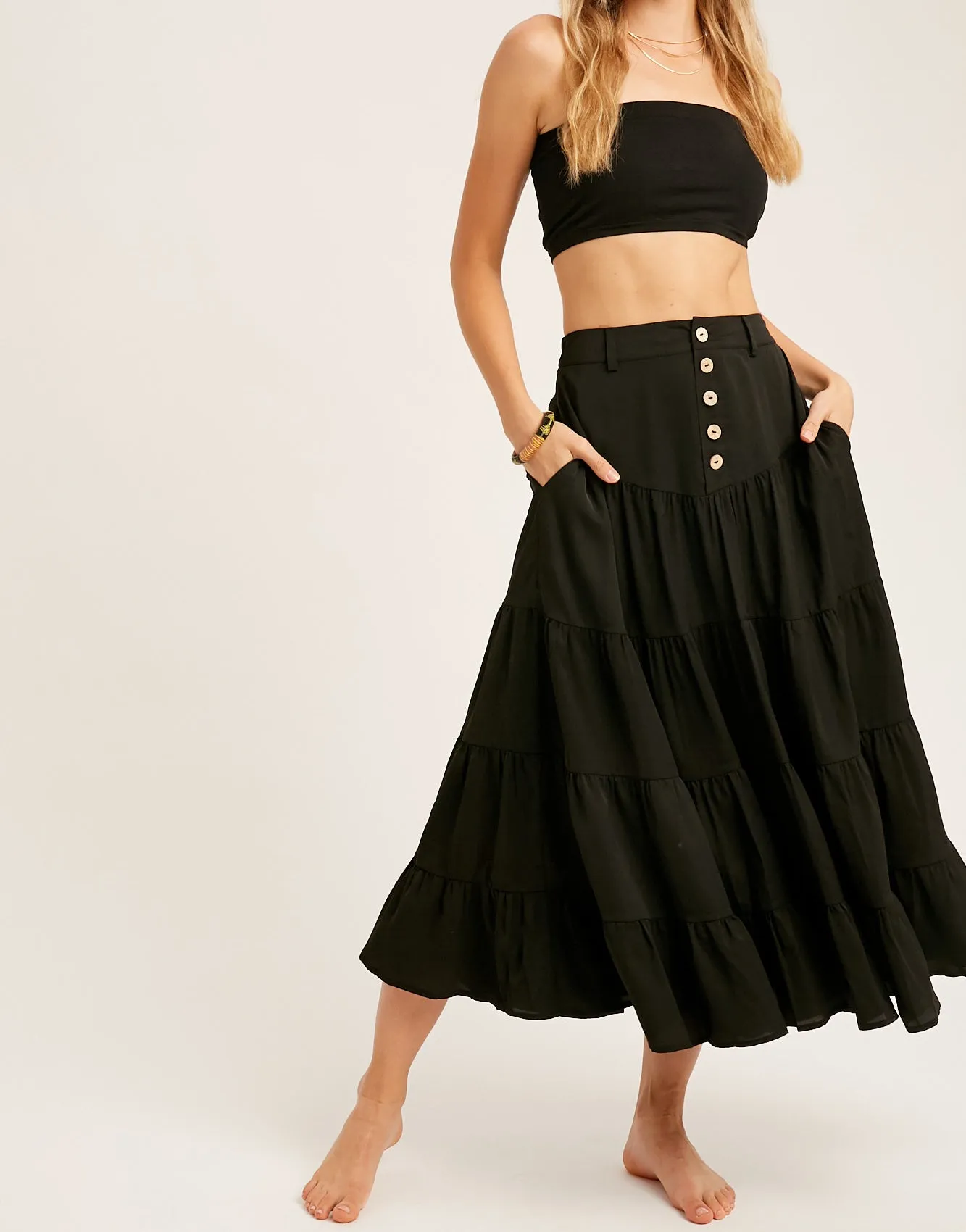 BUTTON DOWN WAIST TIERED MAXI SKIRT