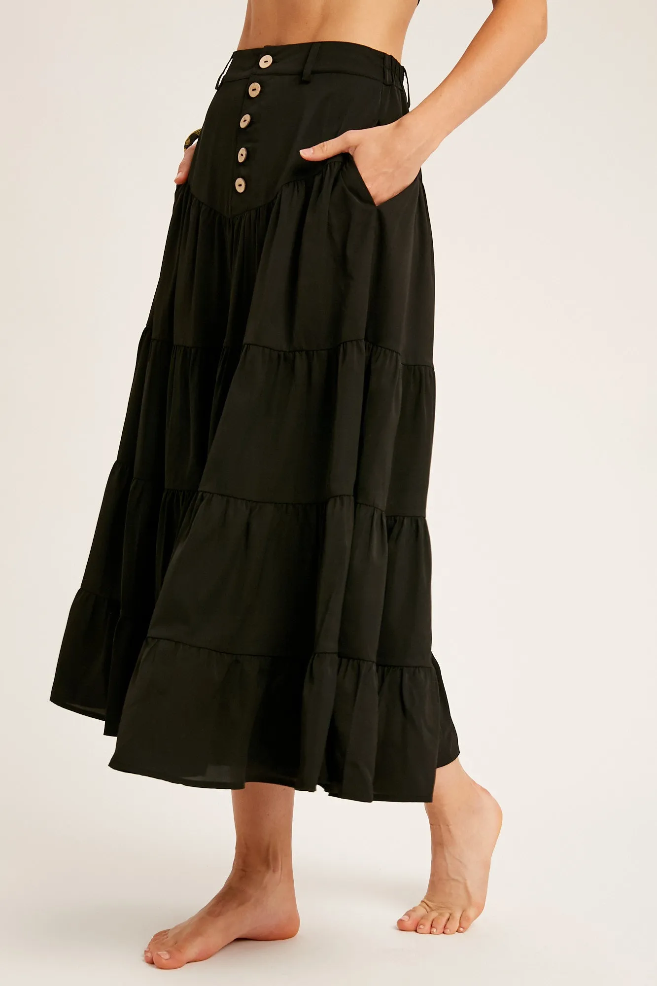 BUTTON DOWN WAIST TIERED MAXI SKIRT