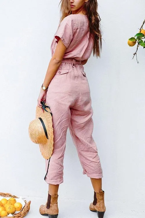 Button V Neck Short Sleeve Jumpsuit