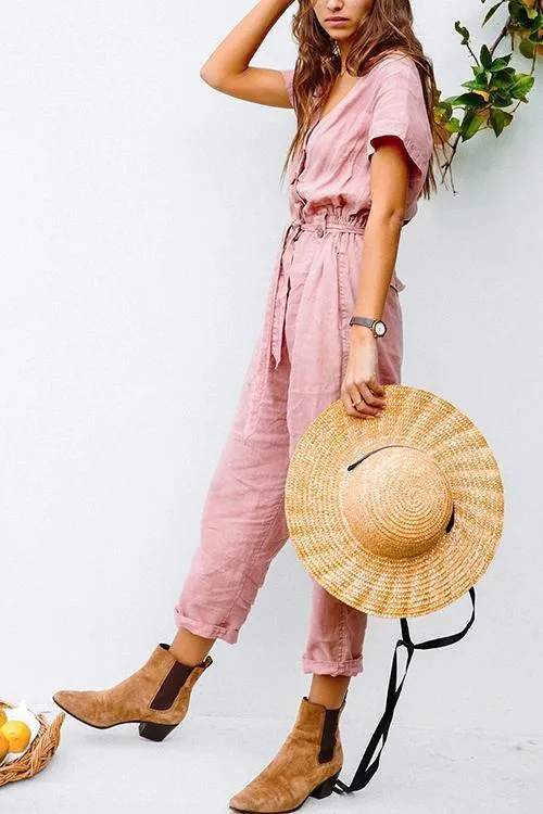 Button V Neck Short Sleeve Jumpsuit