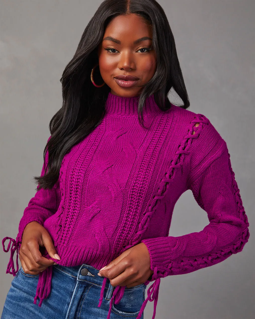 Camelia Mock Neck Lace Up Sweater