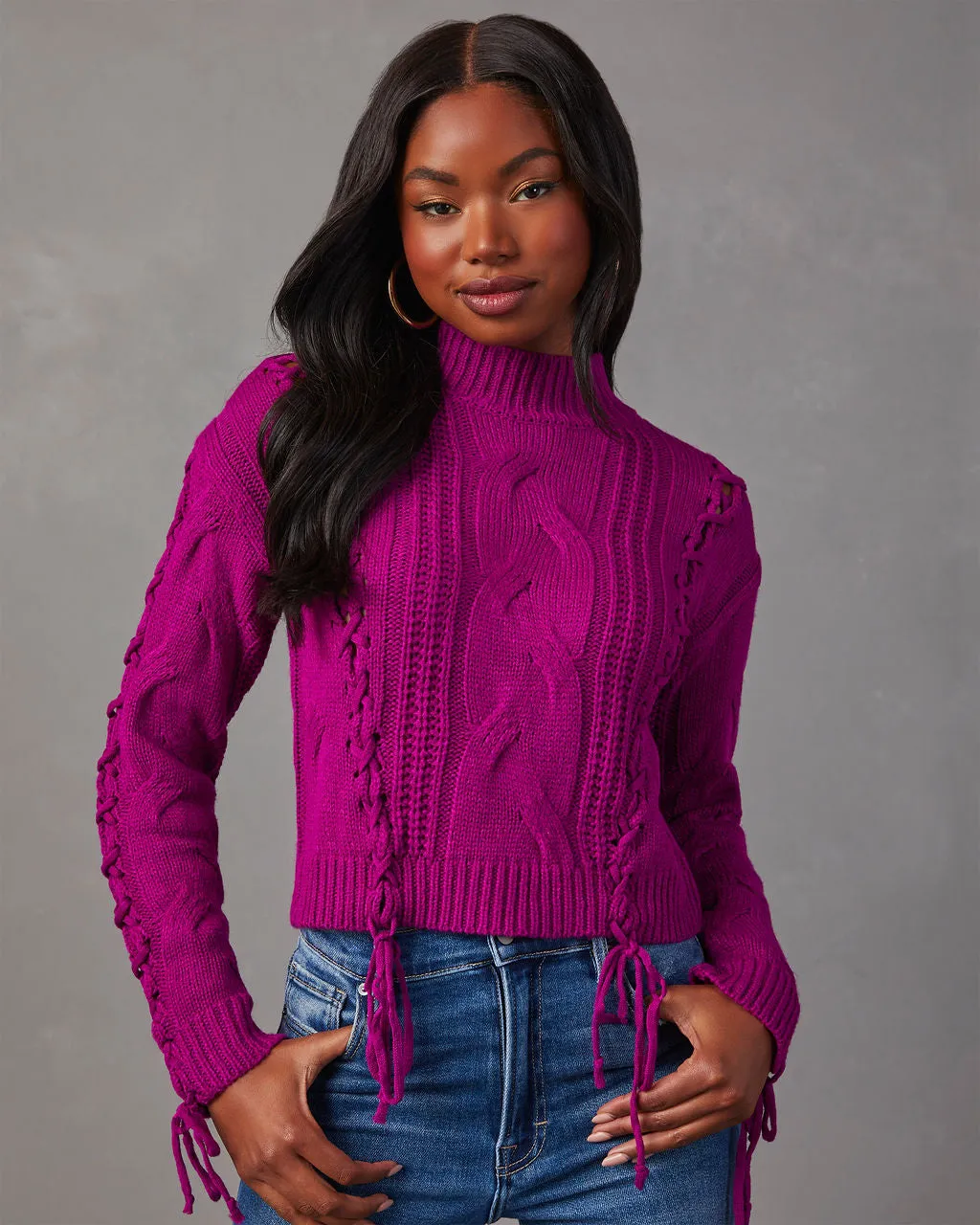 Camelia Mock Neck Lace Up Sweater