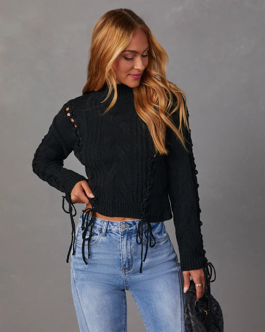 Camelia Mock Neck Lace Up Sweater