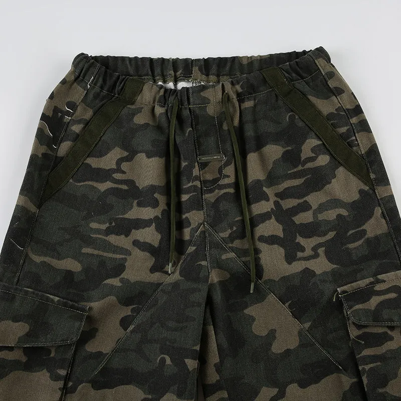 Camo Cargo Shorts with Drawstring Details