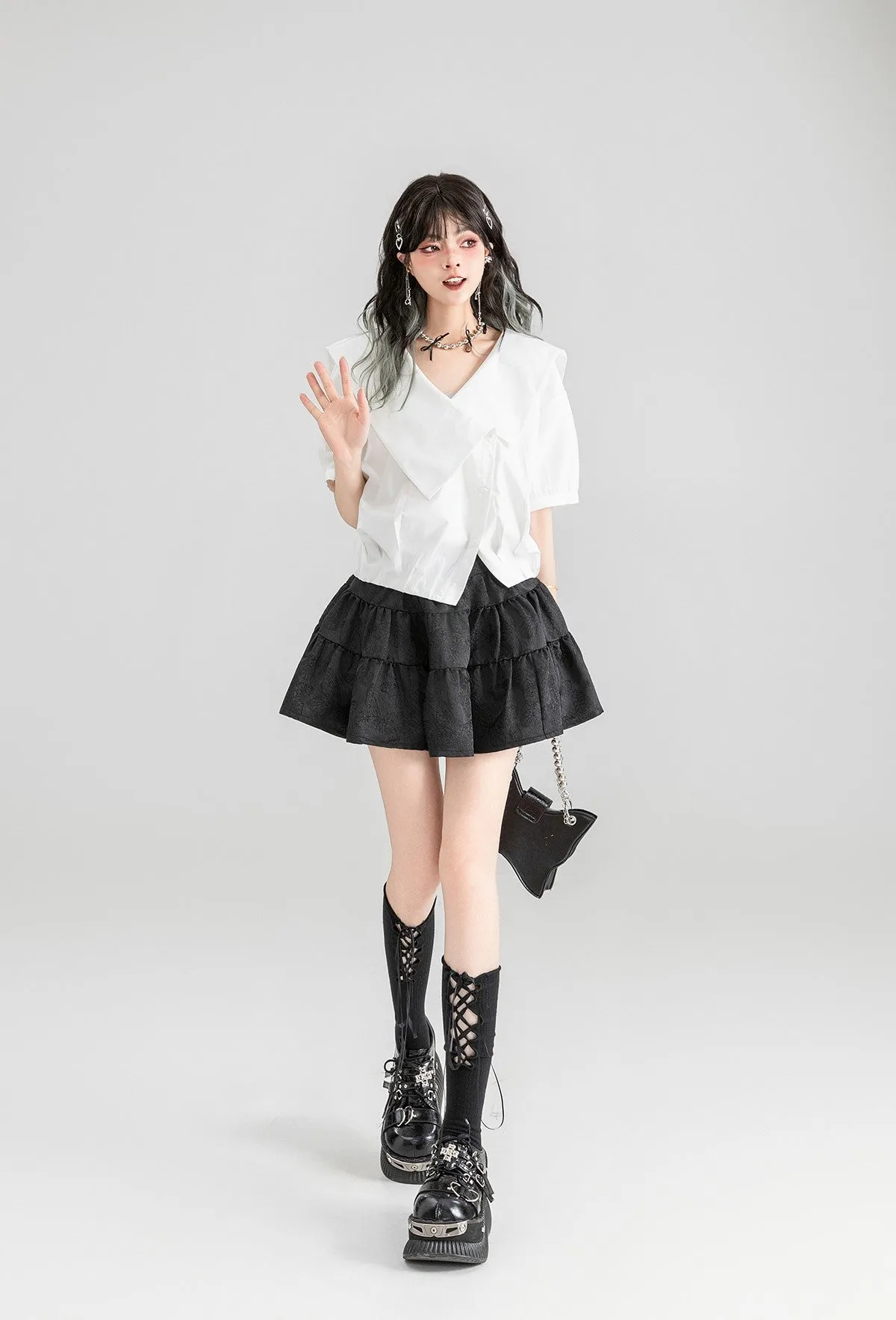 Dark Pattern Jacquard A-line Pleated Fluffy Cake Short Skirt KEI0061