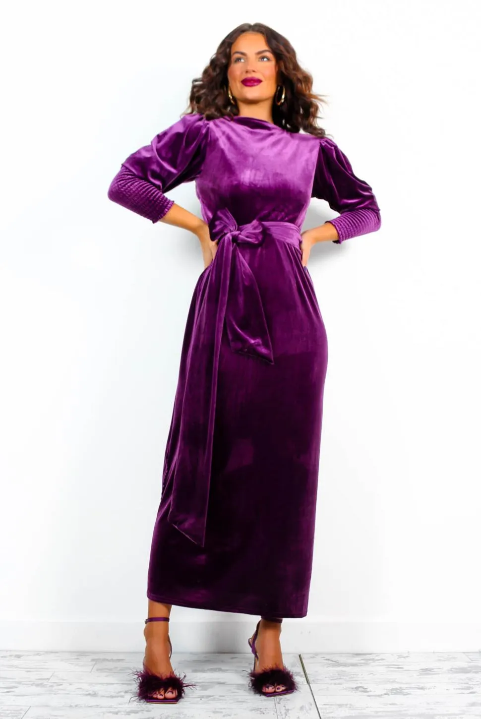 Drive Em Wild - Purple Velvet Midi Wrap Dress