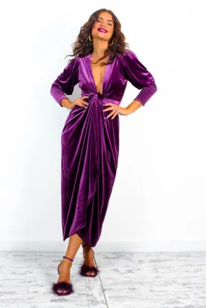 Drive Em Wild - Purple Velvet Midi Wrap Dress