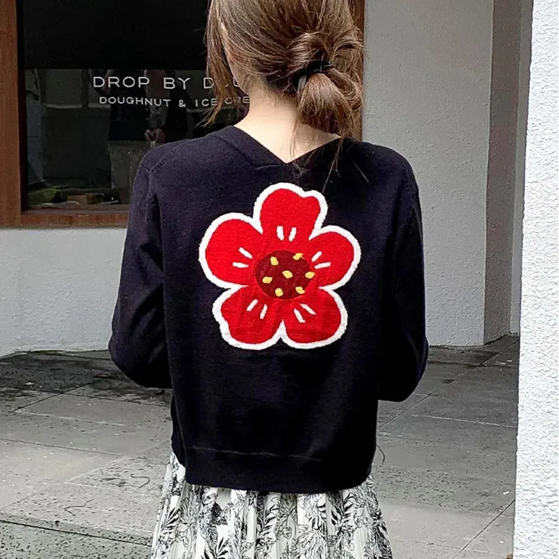 Fall Floral Embroidery Sweater Coat Slim V-neck Long Sleeve Knitted Cardigan Vintage Outerwear Chic Tops C-269