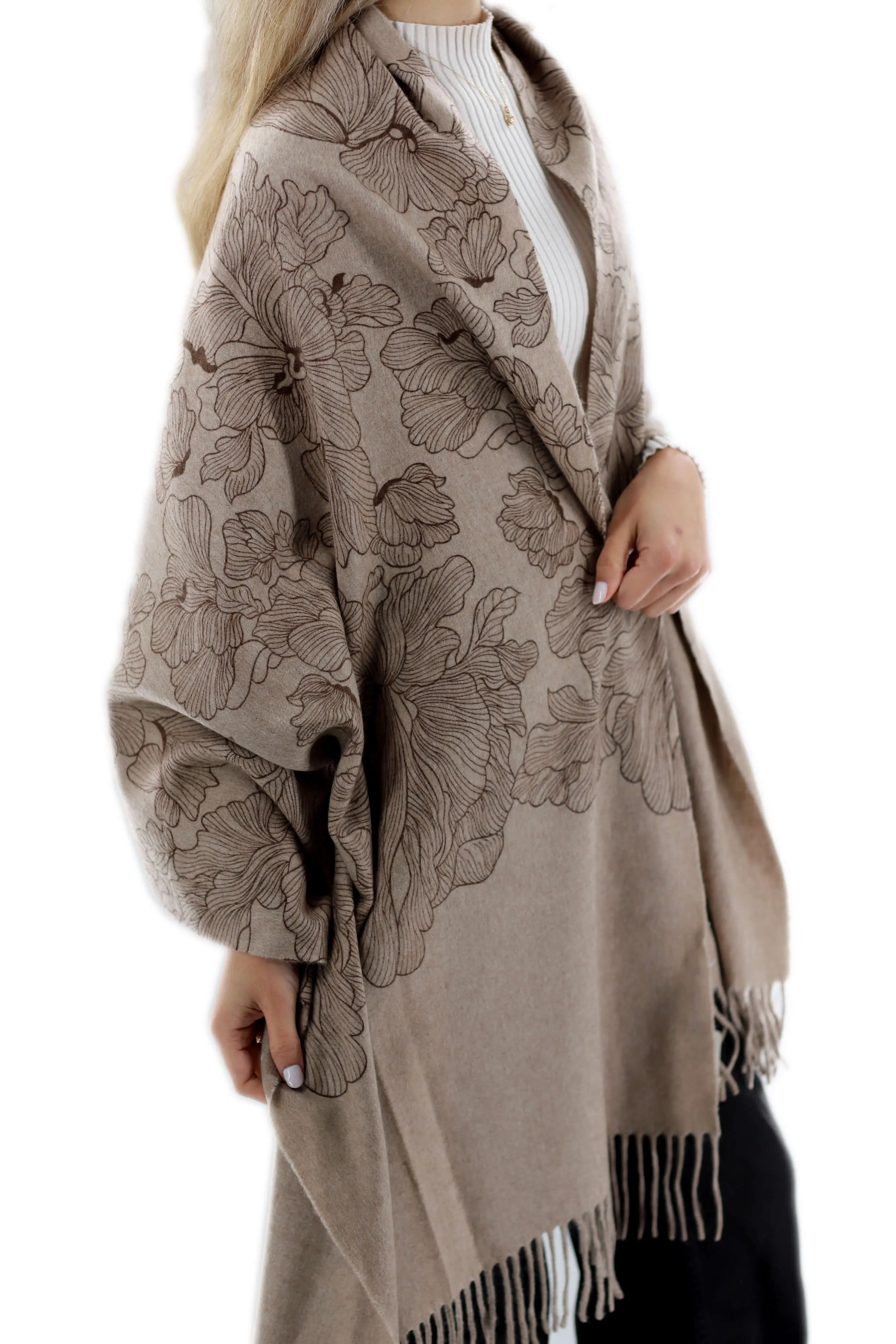 Floral Print Beige Cashmere Wrap - One Size (28x72)