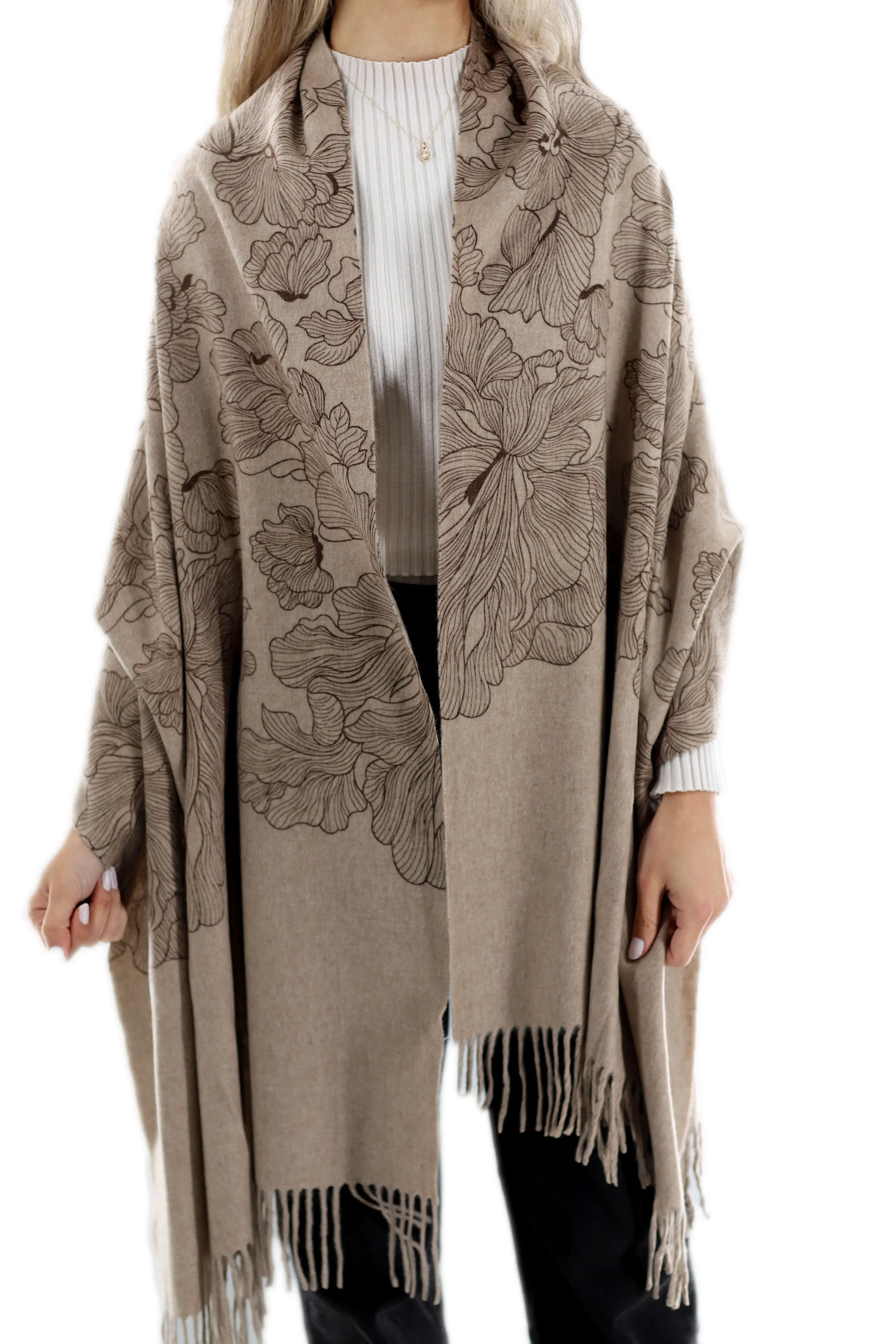 Floral Print Beige Cashmere Wrap - One Size (28x72)