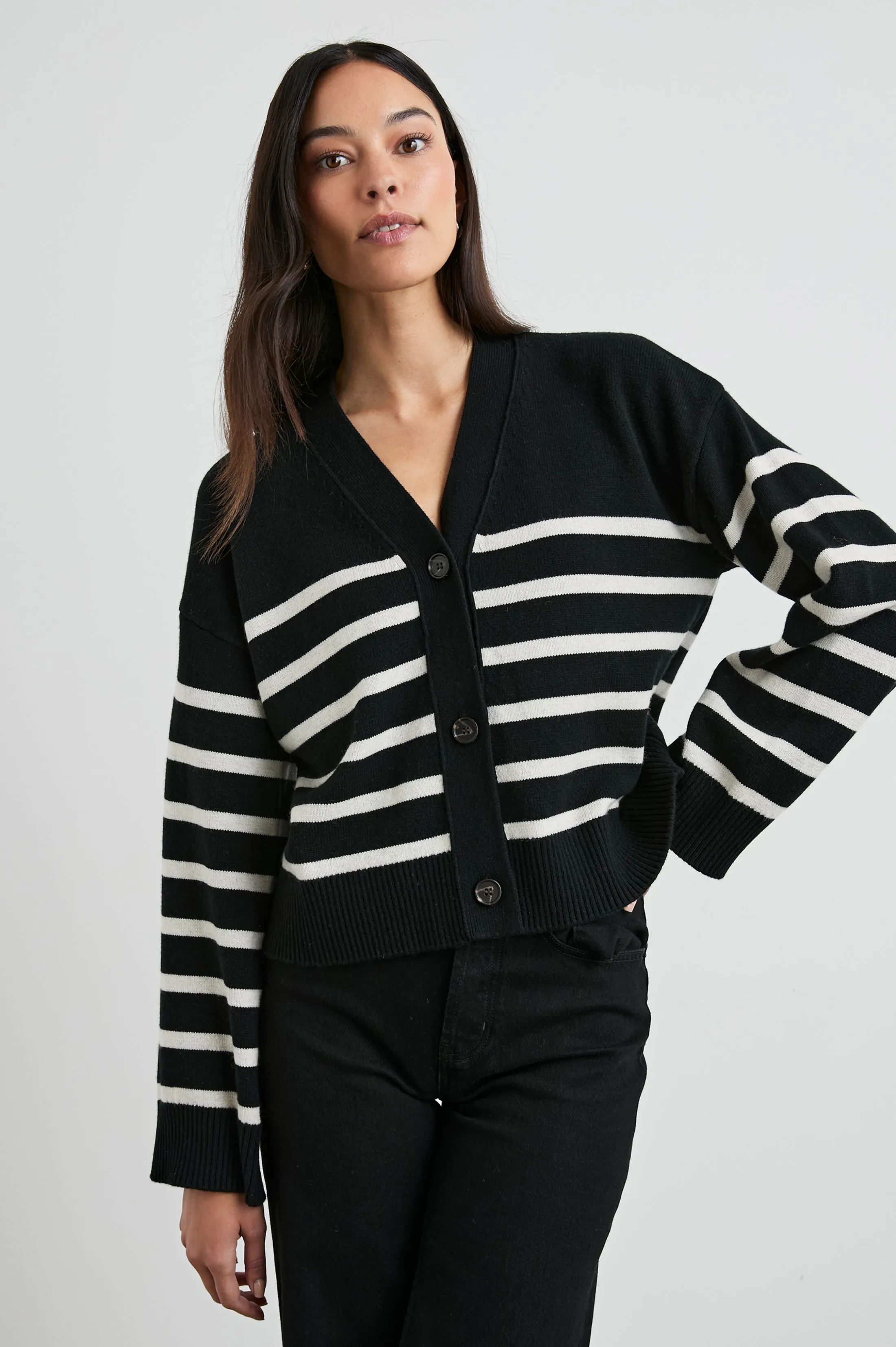 GENEVA CARDIGAN - BLACK OATMEAL STRIPE