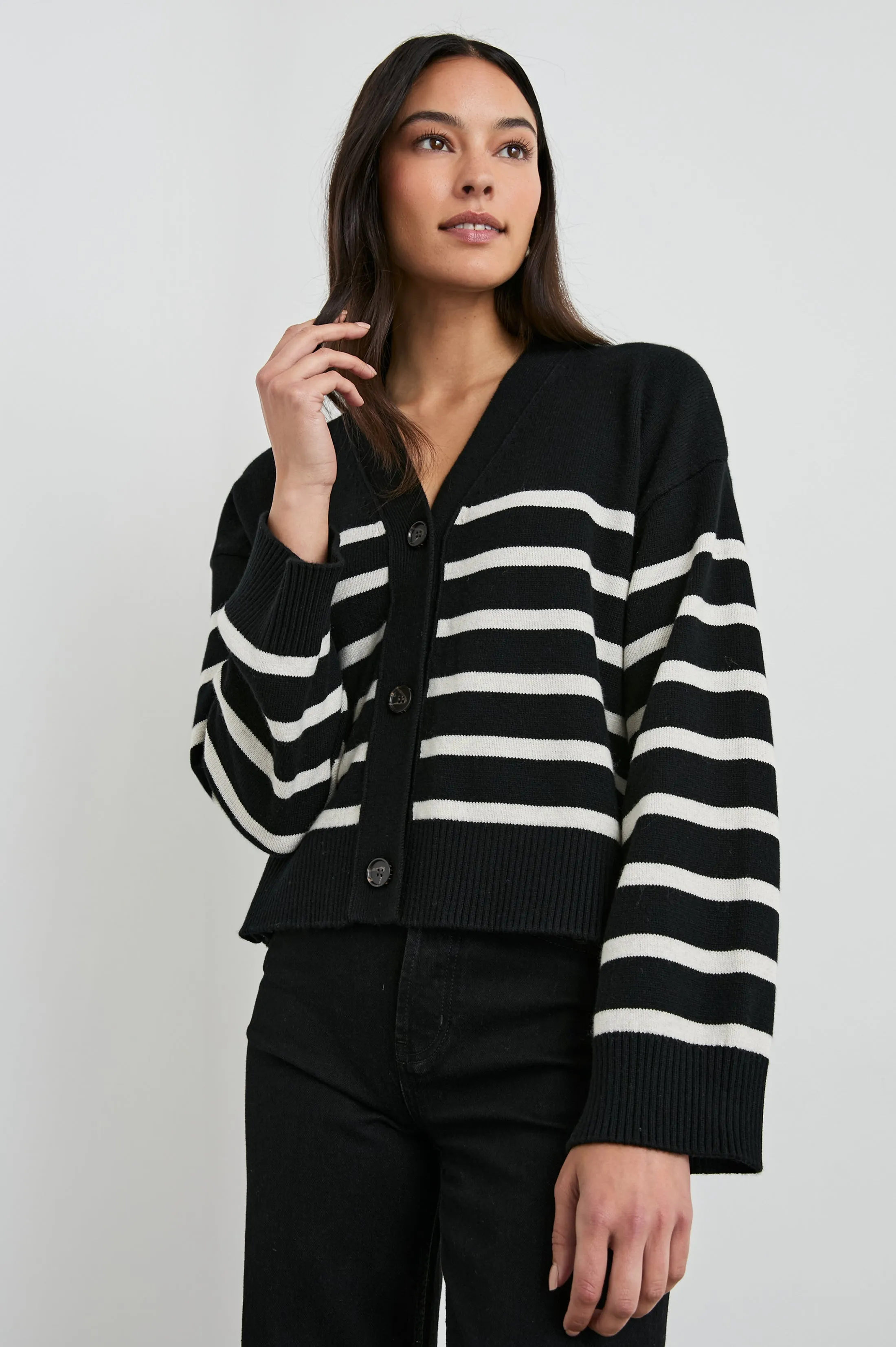 GENEVA CARDIGAN - BLACK OATMEAL STRIPE