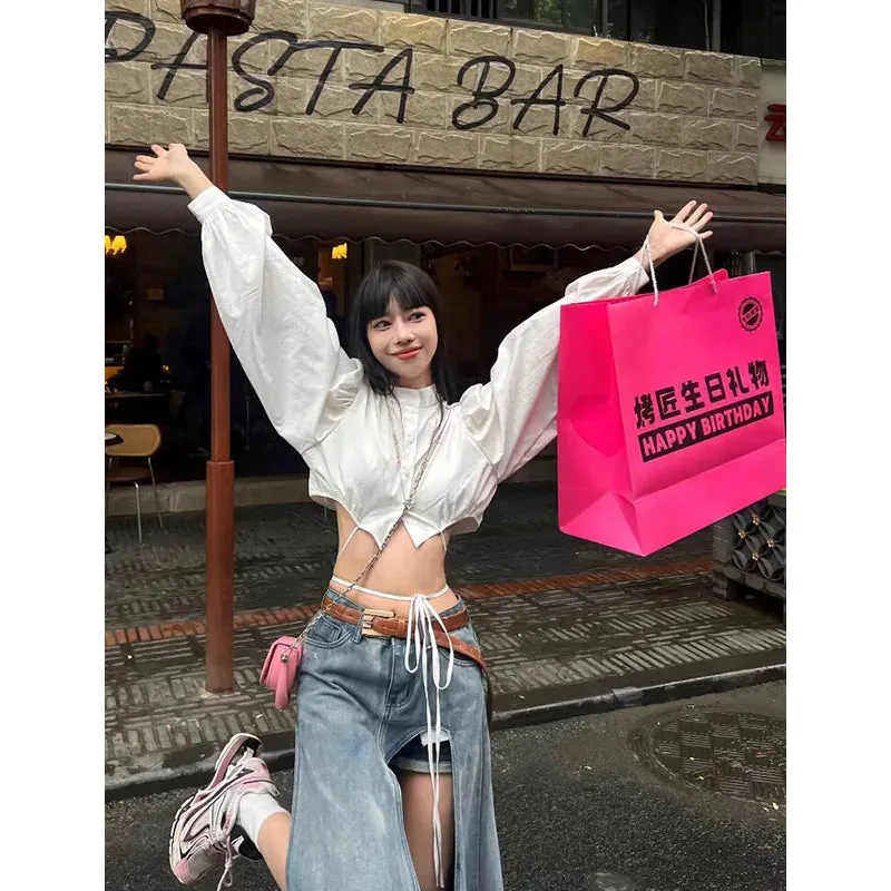 Girlary 2024 Summer Women's Harajuku Vintage Baggy Blue Denim Skirt High Waist Y2K Street Style Basic Casual A-line Slim Fit Slit Skirt