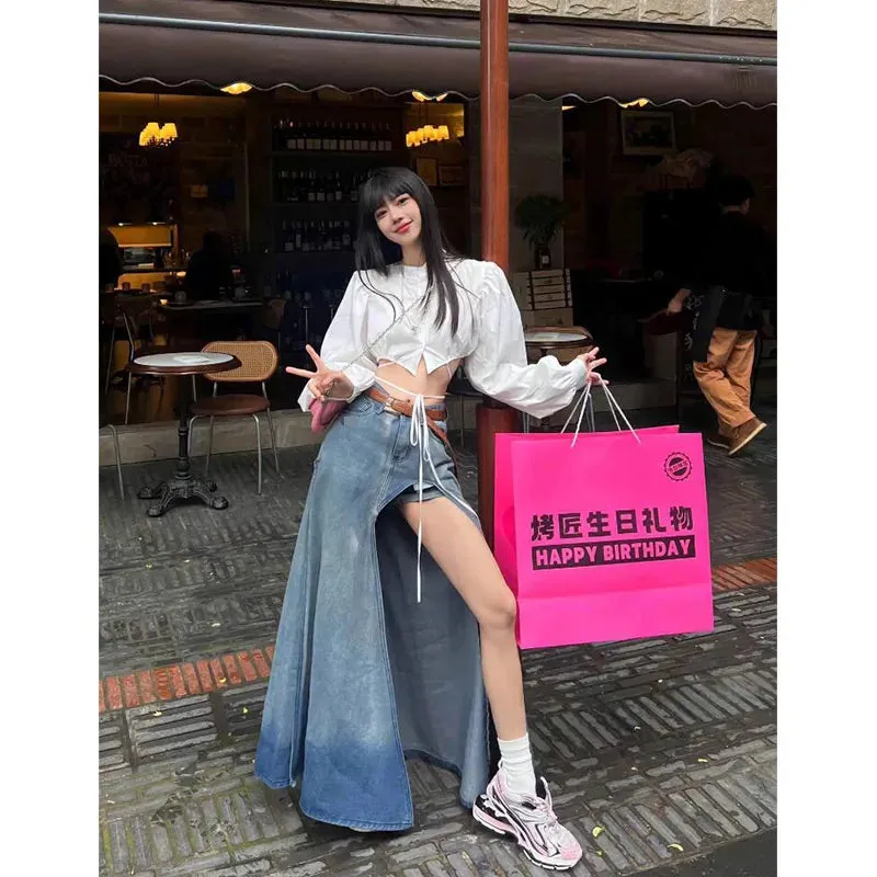 Girlary 2024 Summer Women's Harajuku Vintage Baggy Blue Denim Skirt High Waist Y2K Street Style Basic Casual A-line Slim Fit Slit Skirt