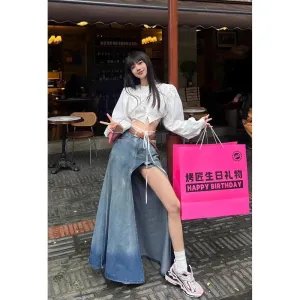 Girlary 2024 Summer Women's Harajuku Vintage Baggy Blue Denim Skirt High Waist Y2K Street Style Basic Casual A-line Slim Fit Slit Skirt