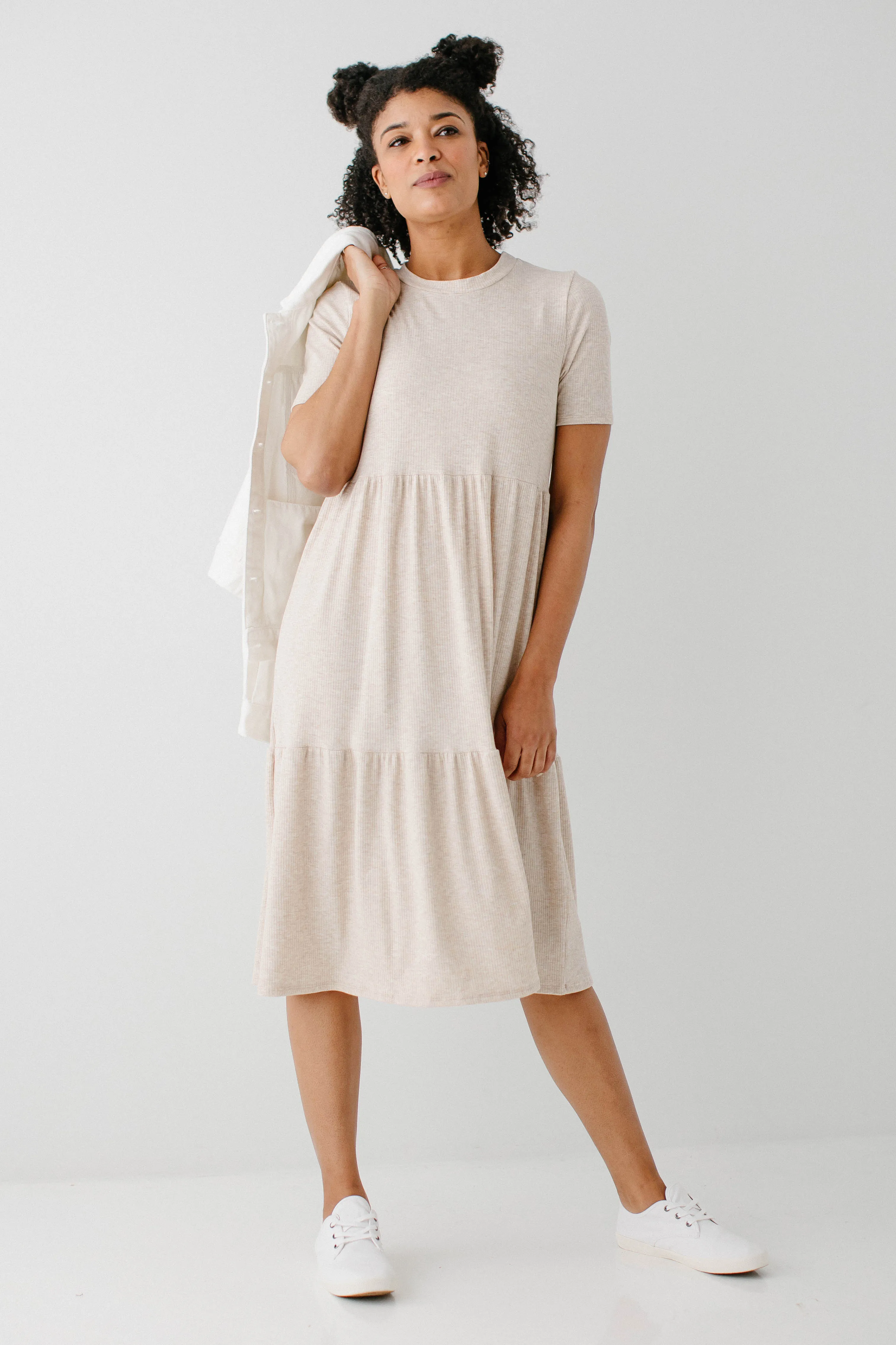 'Josie' Ribbed Tiered Midi Dress in Oatmeal