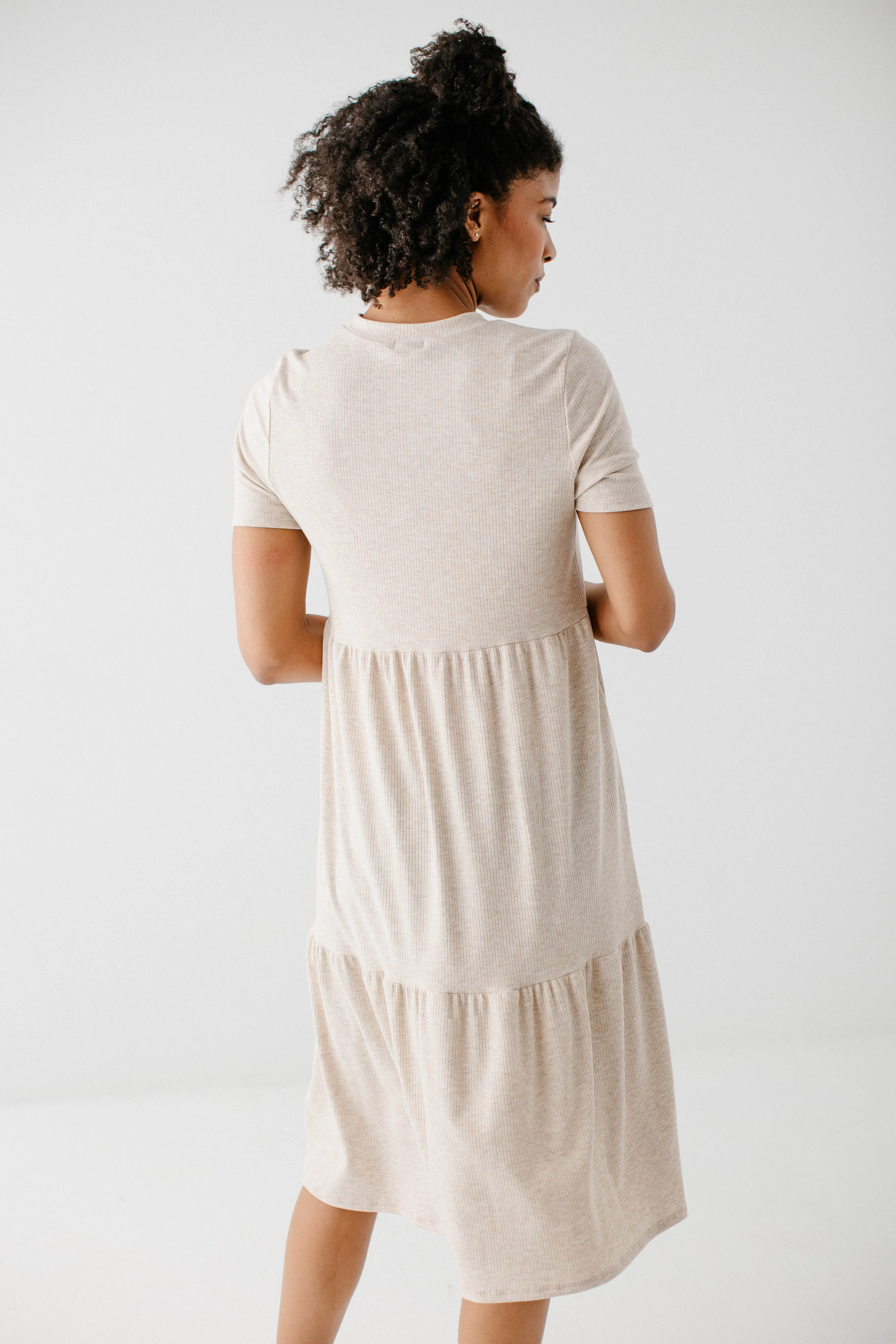 'Josie' Ribbed Tiered Midi Dress in Oatmeal