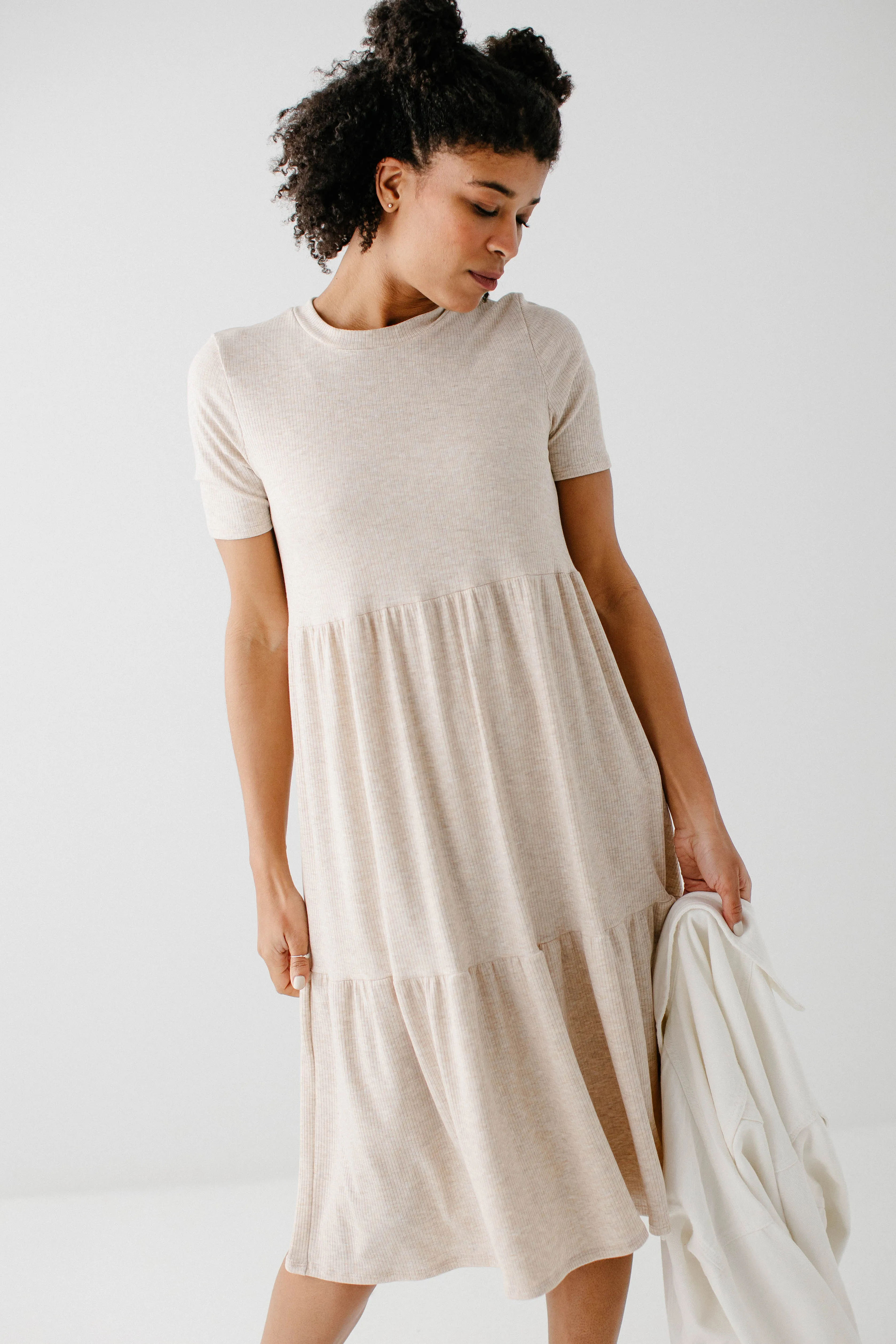 'Josie' Ribbed Tiered Midi Dress in Oatmeal