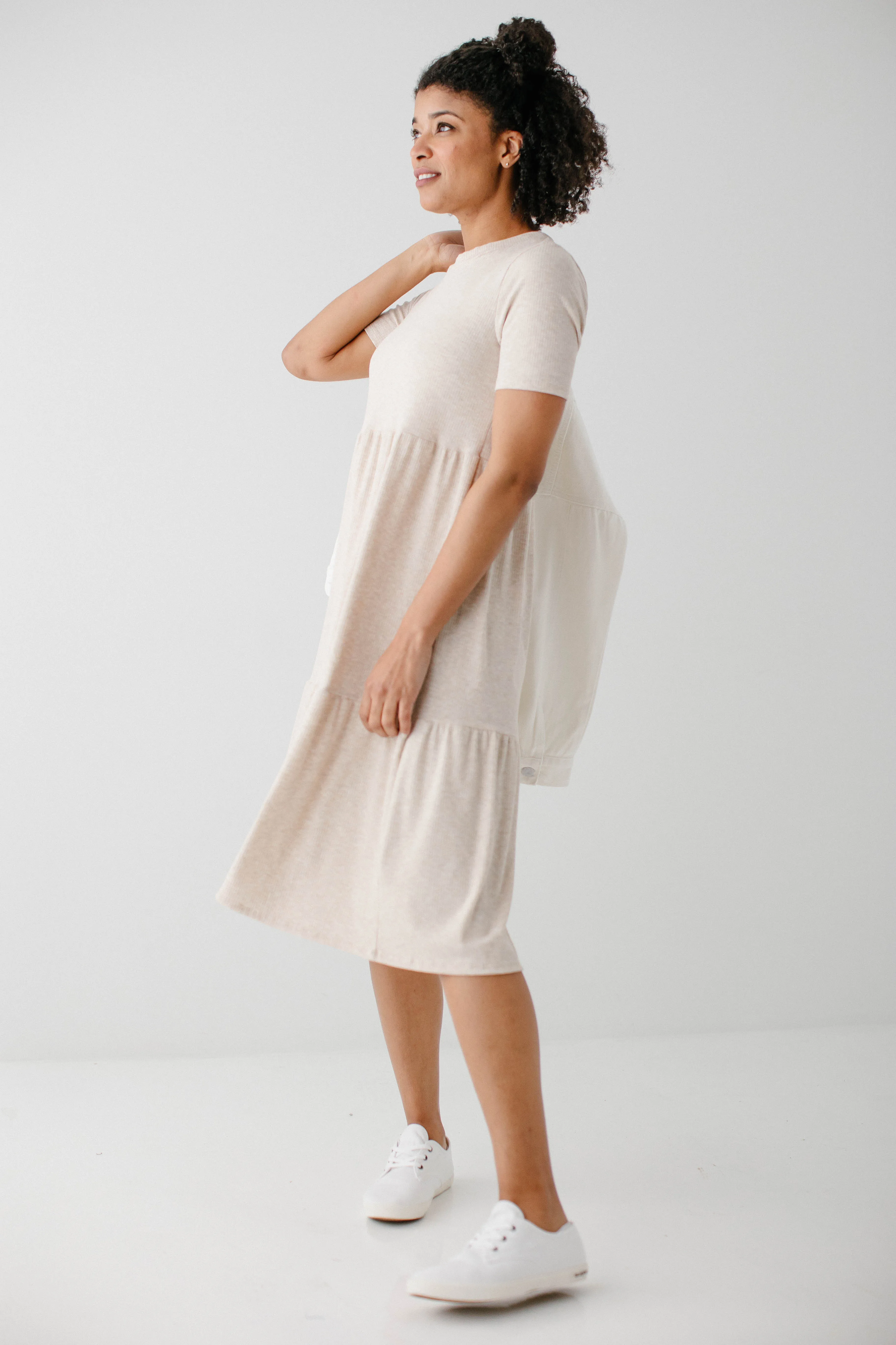 'Josie' Ribbed Tiered Midi Dress in Oatmeal