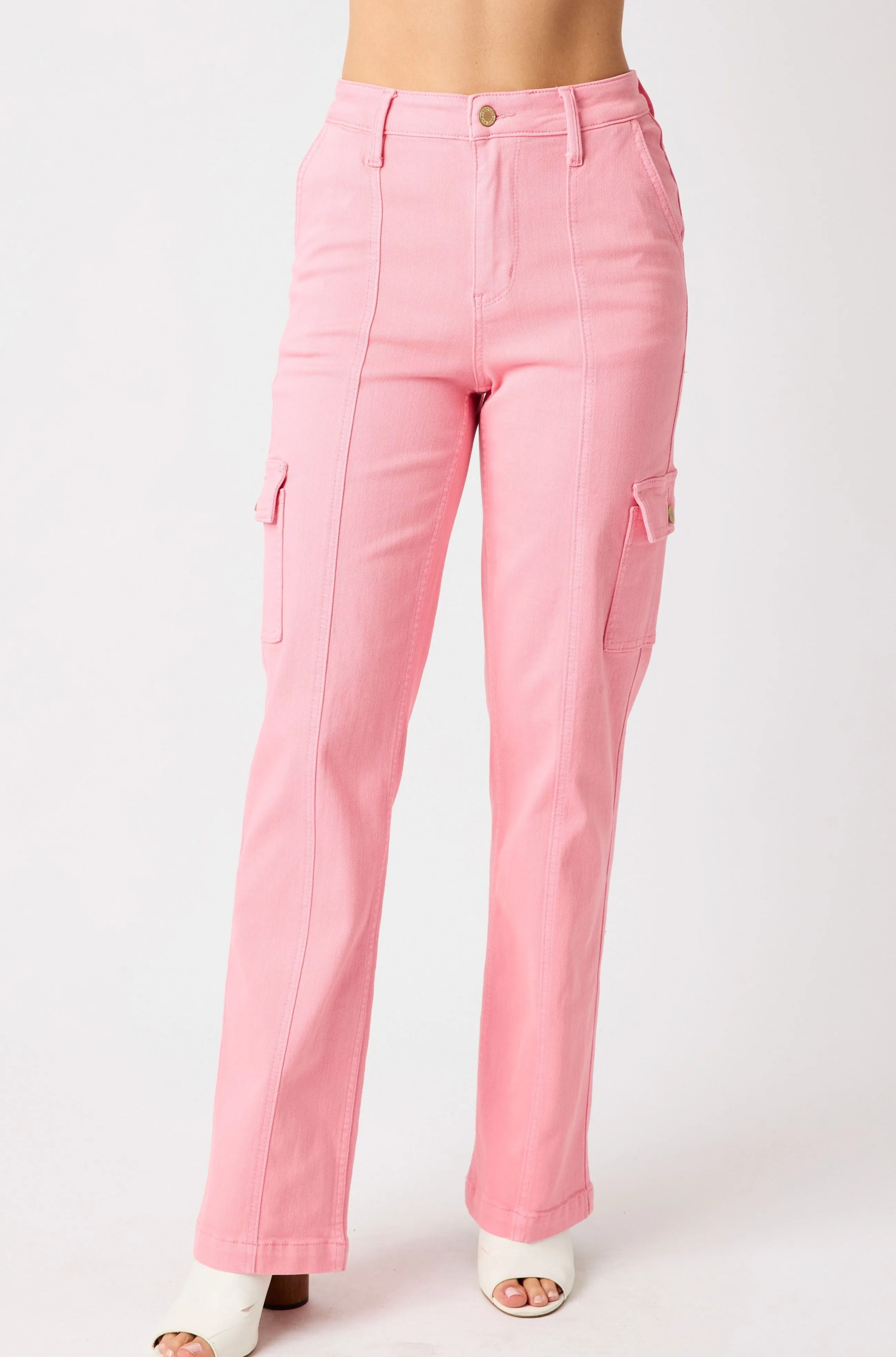 Judy Blue High Rise Cargo Straight Leg Jeans in Pink