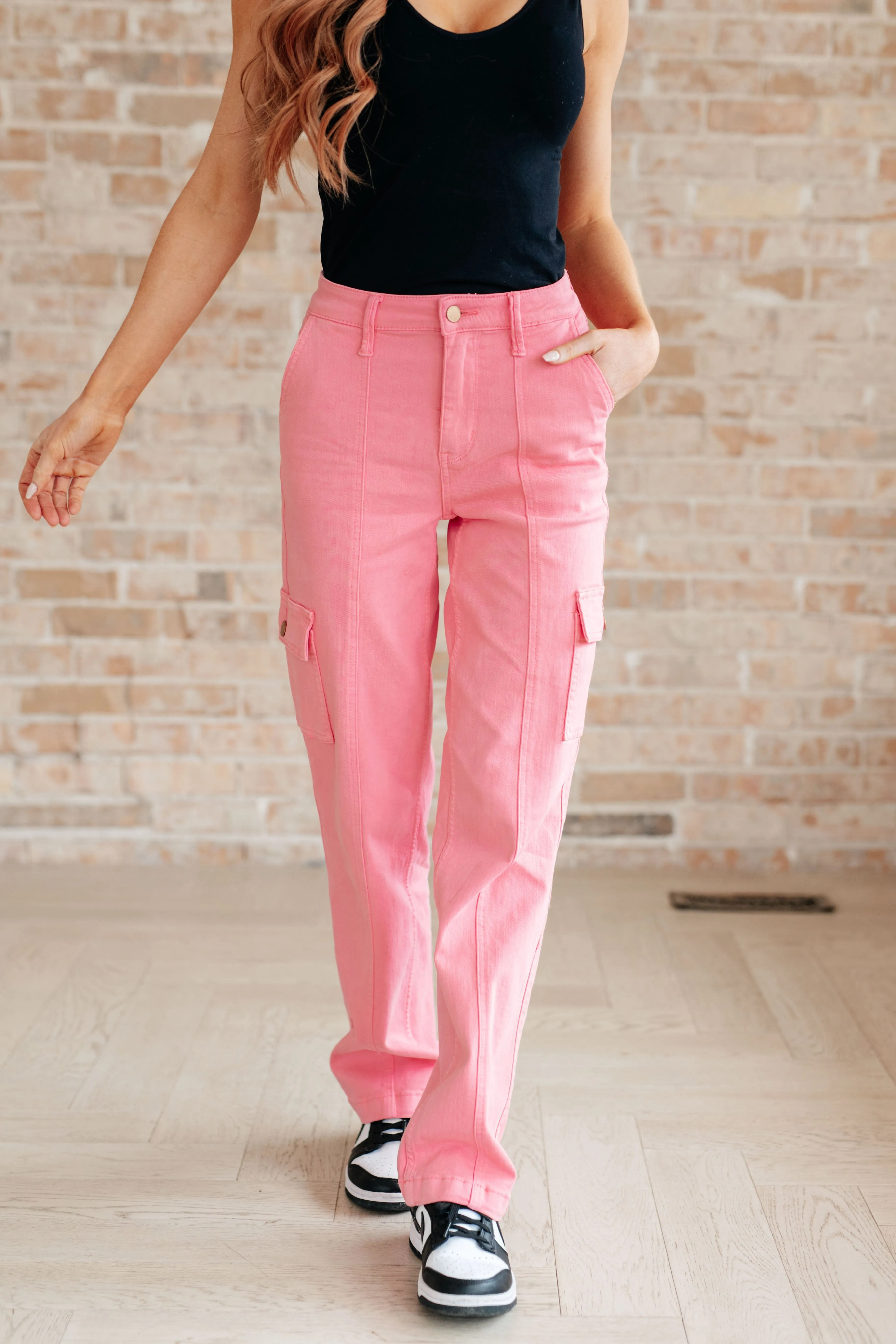 Judy Blue High Rise Cargo Straight Leg Jeans in Pink