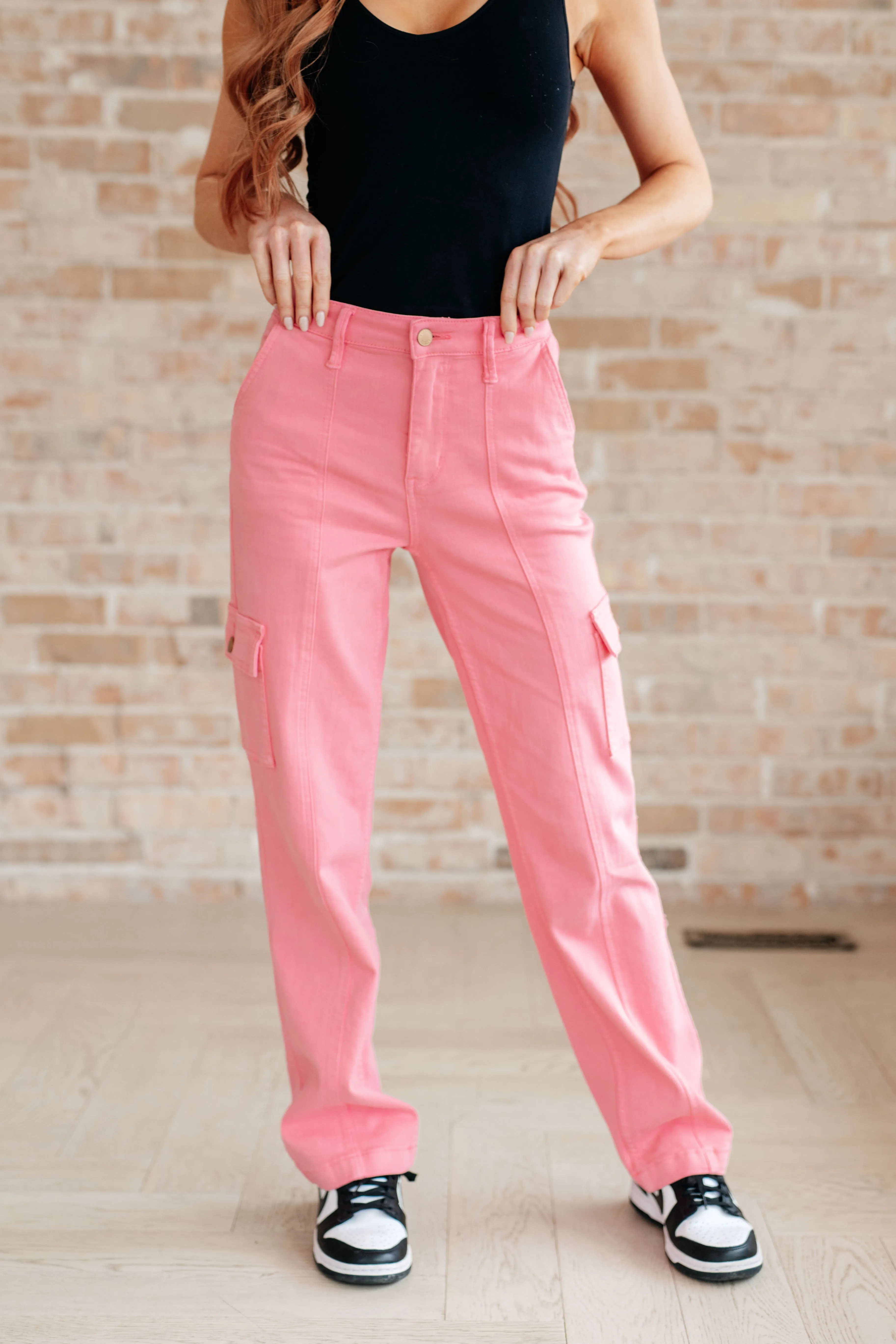 Judy Blue High Rise Cargo Straight Leg Jeans in Pink