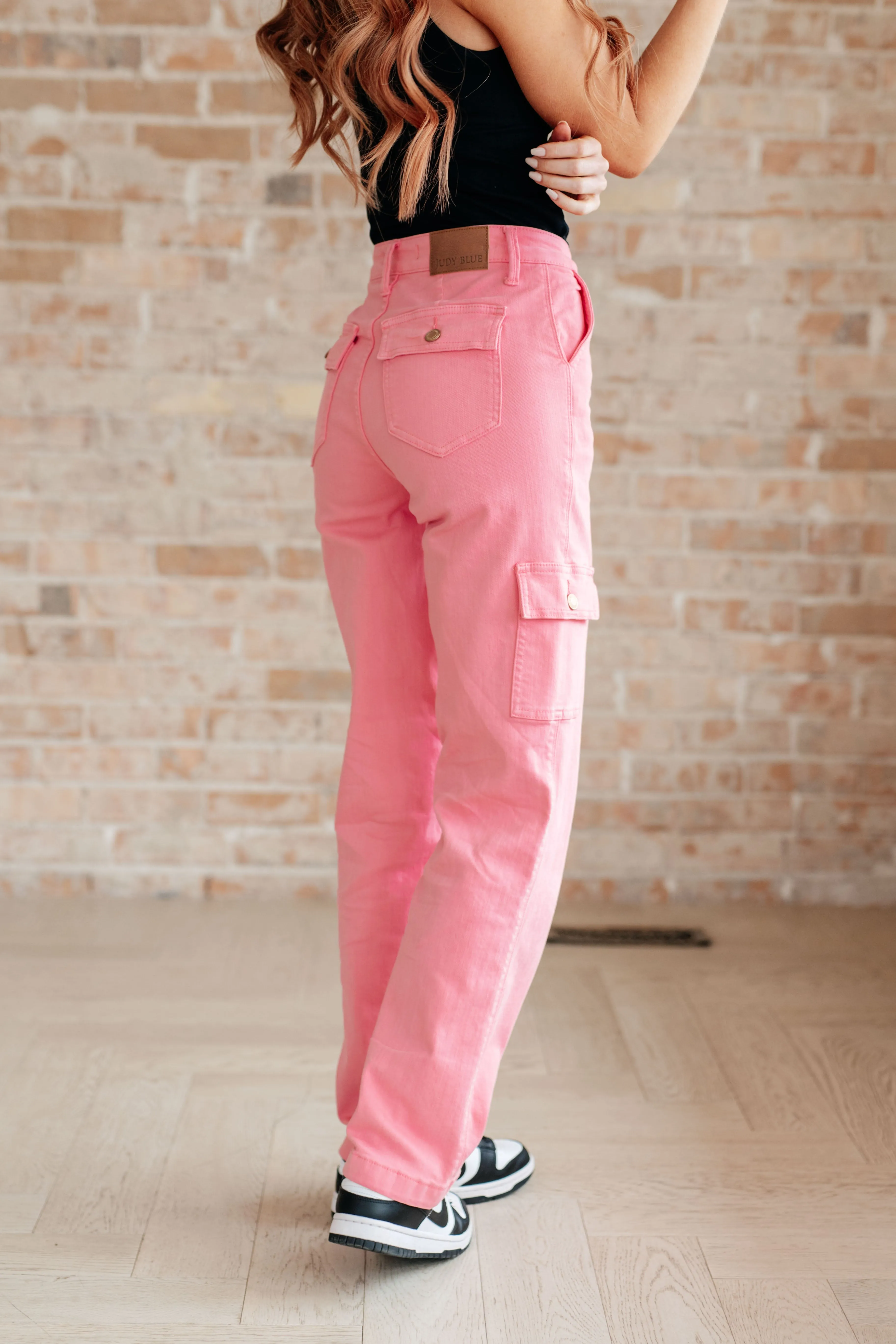 Judy Blue High Rise Cargo Straight Leg Jeans in Pink