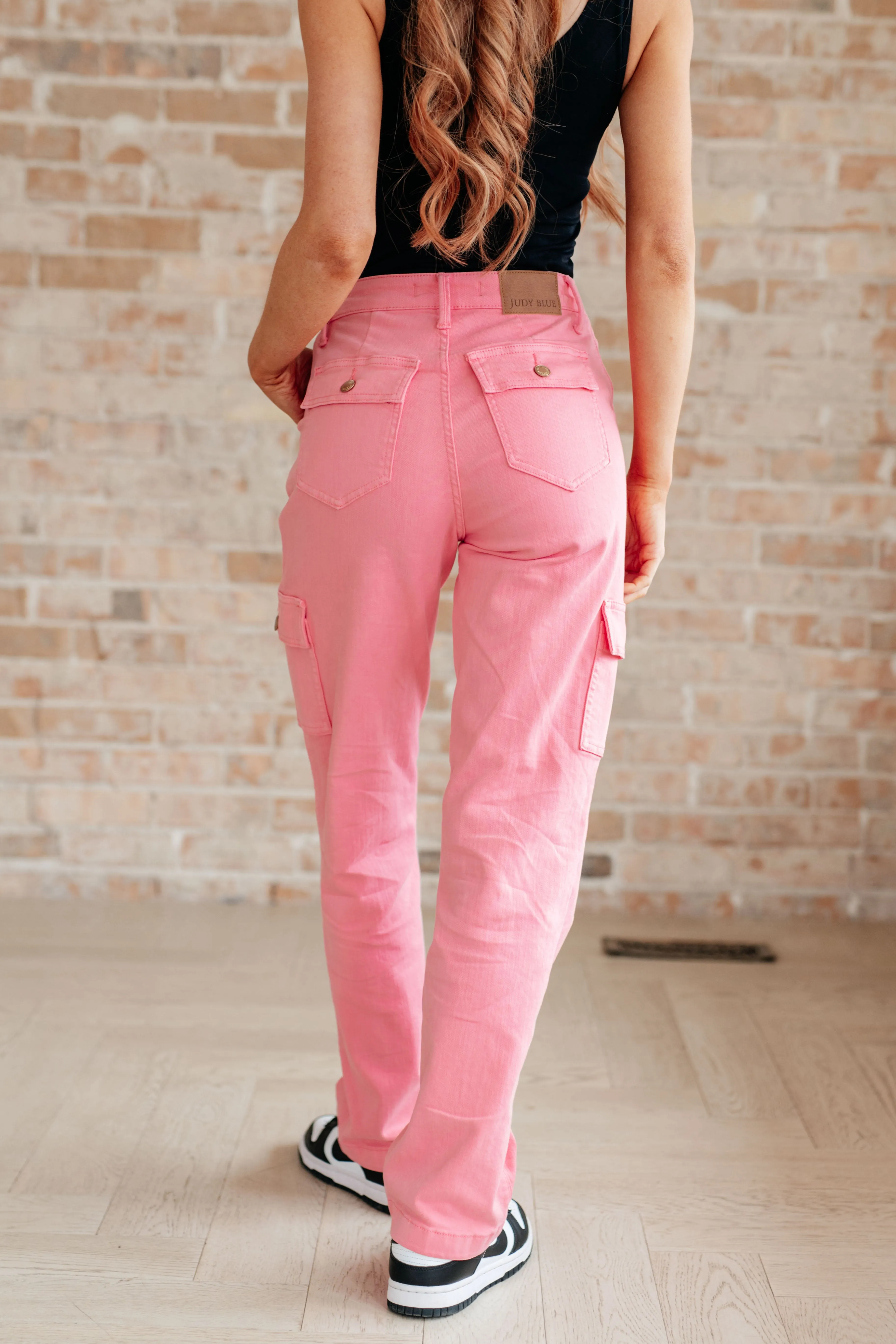 Judy Blue High Rise Cargo Straight Leg Jeans in Pink