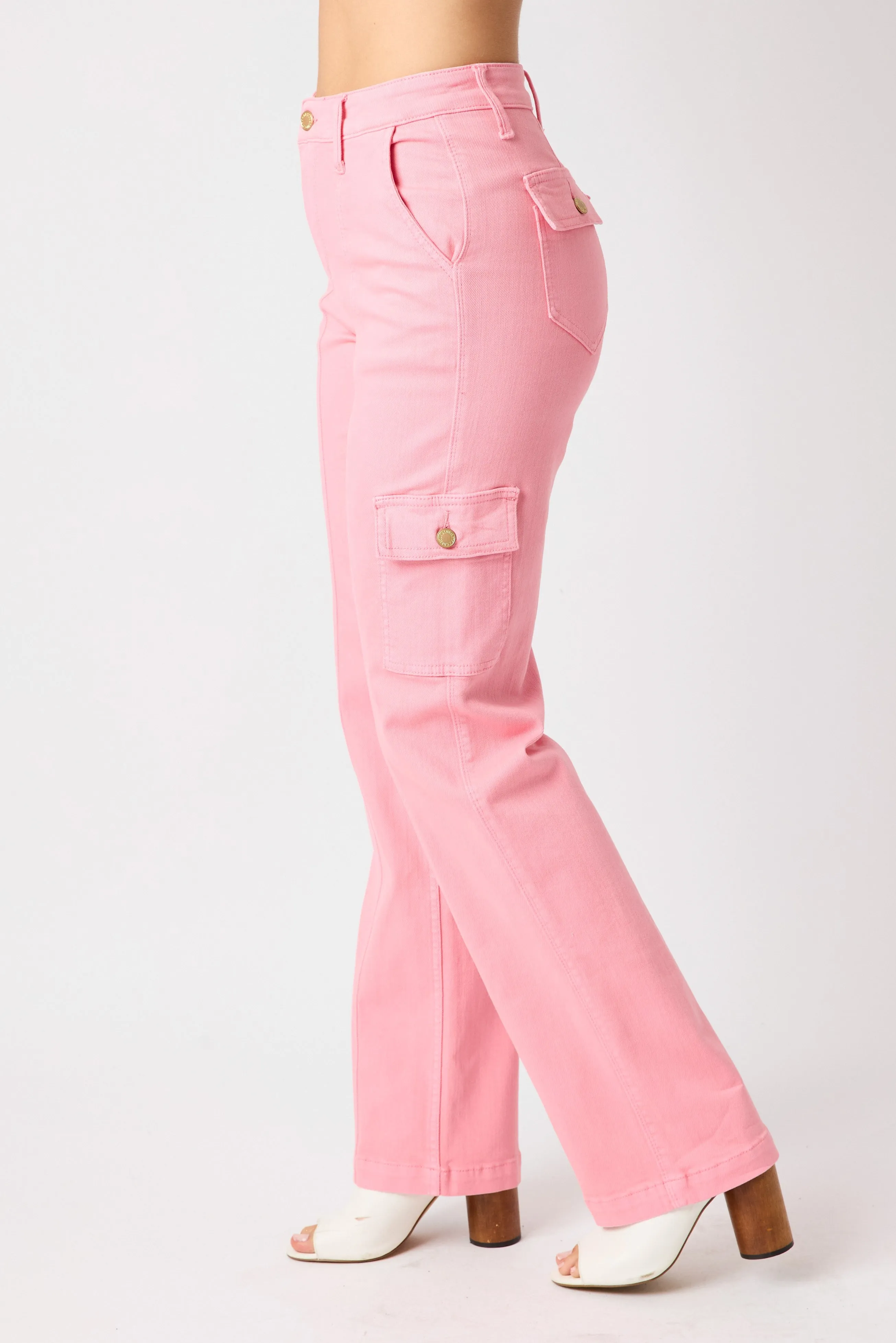 Judy Blue High Rise Cargo Straight Leg Jeans in Pink