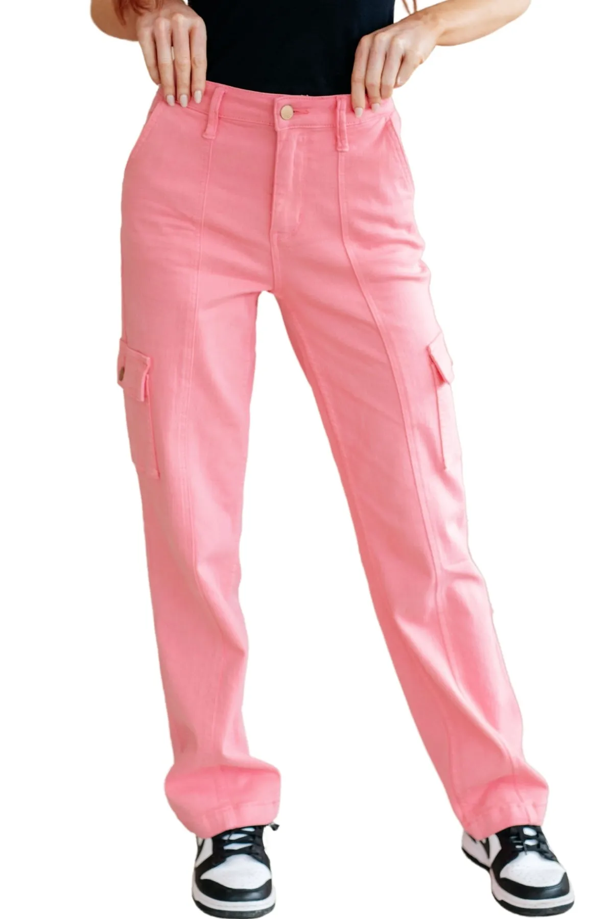 Judy Blue High Rise Cargo Straight Leg Jeans in Pink