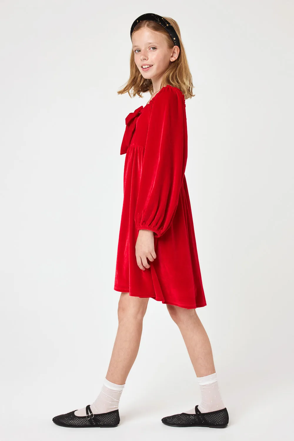 Kids Red Front Bow Velvet Dress