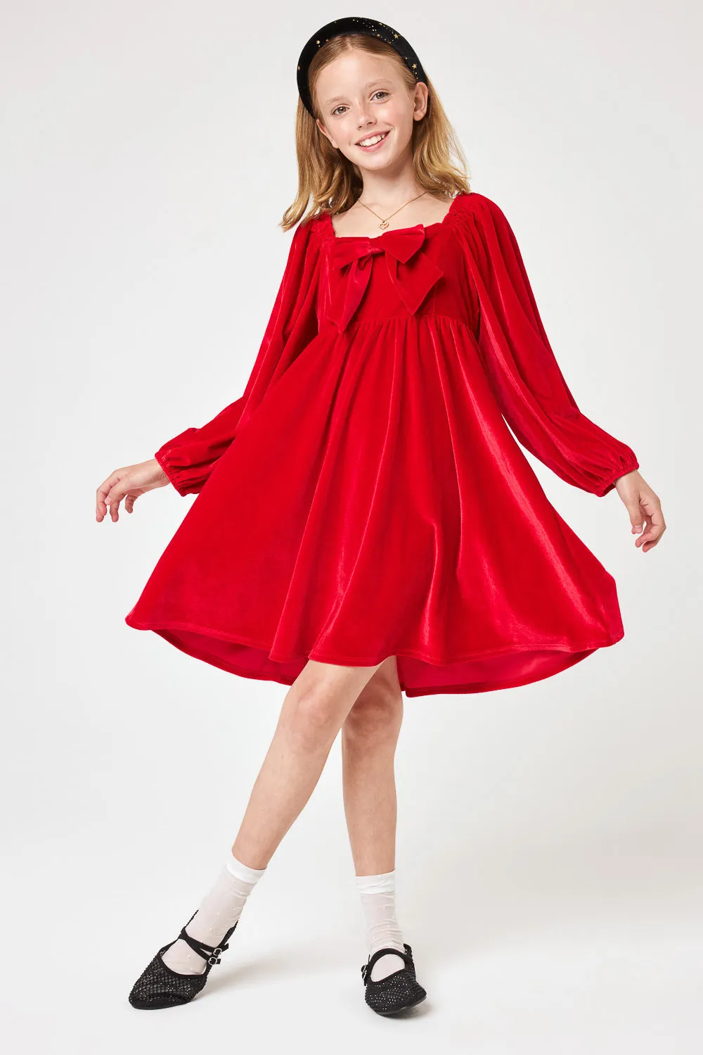 Kids Red Front Bow Velvet Dress