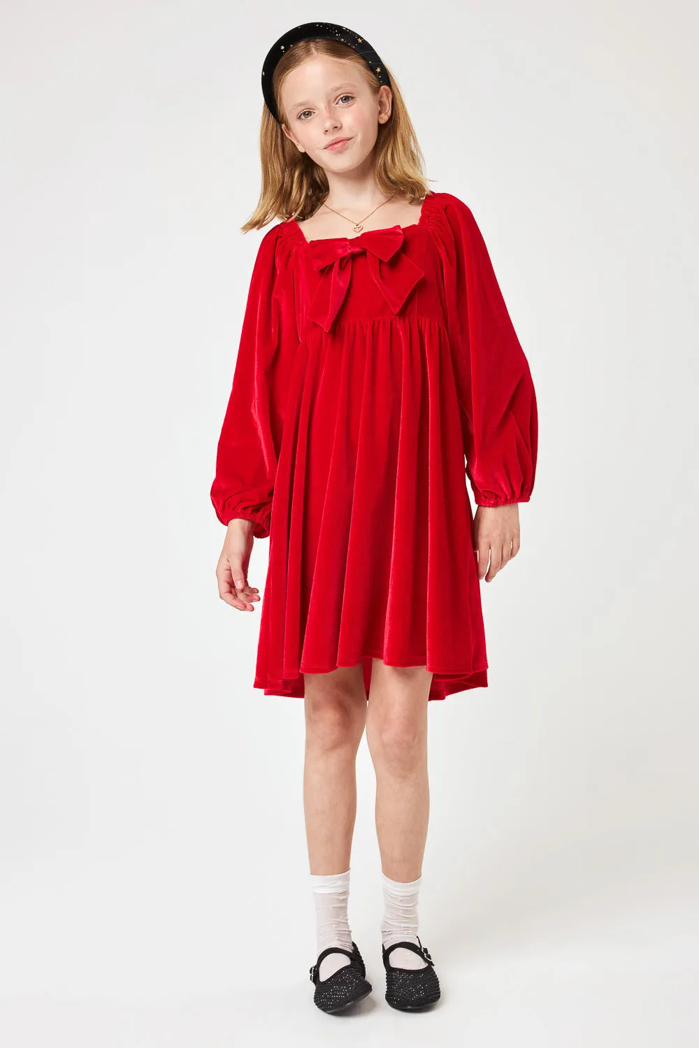 Kids Red Front Bow Velvet Dress