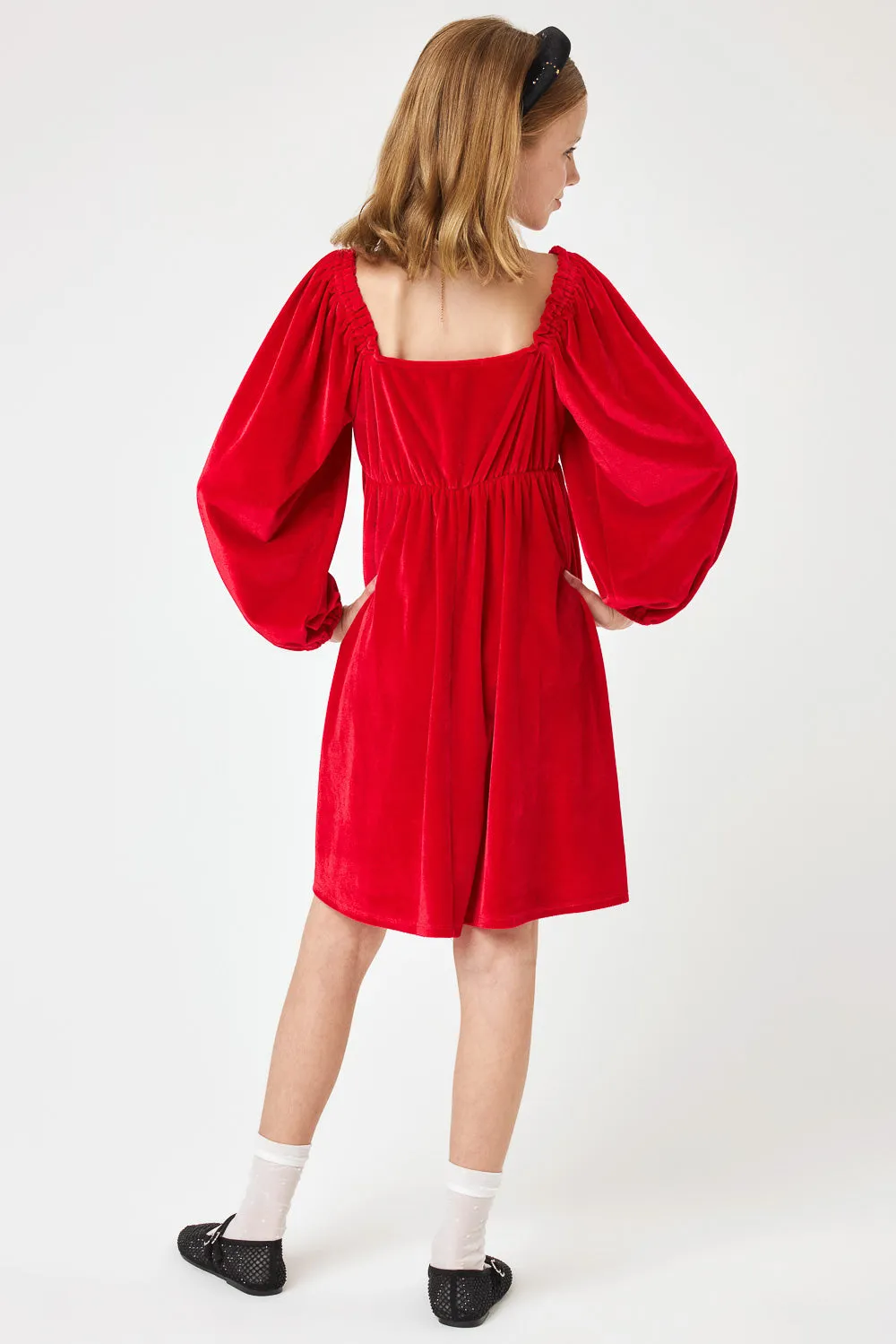 Kids Red Front Bow Velvet Dress