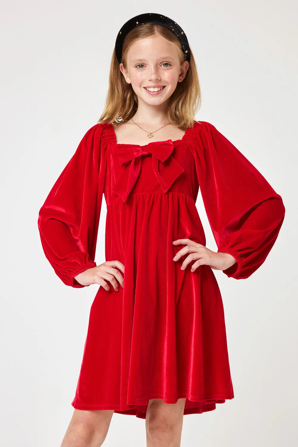 Kids Red Front Bow Velvet Dress