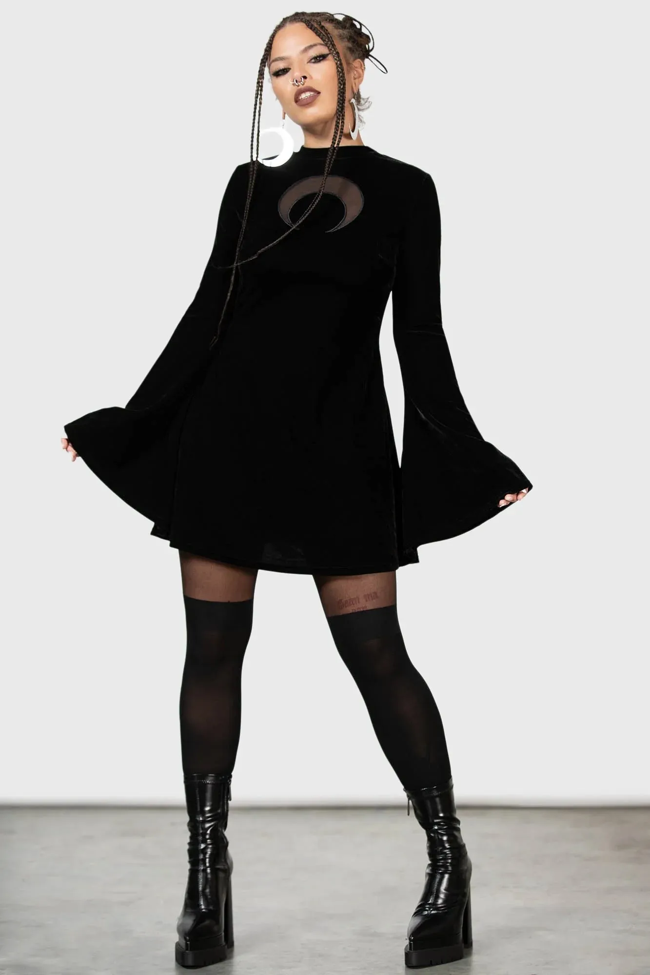 Killstar Reap Dress Velvet Bell Sleeves Crescent Moon Cut-out