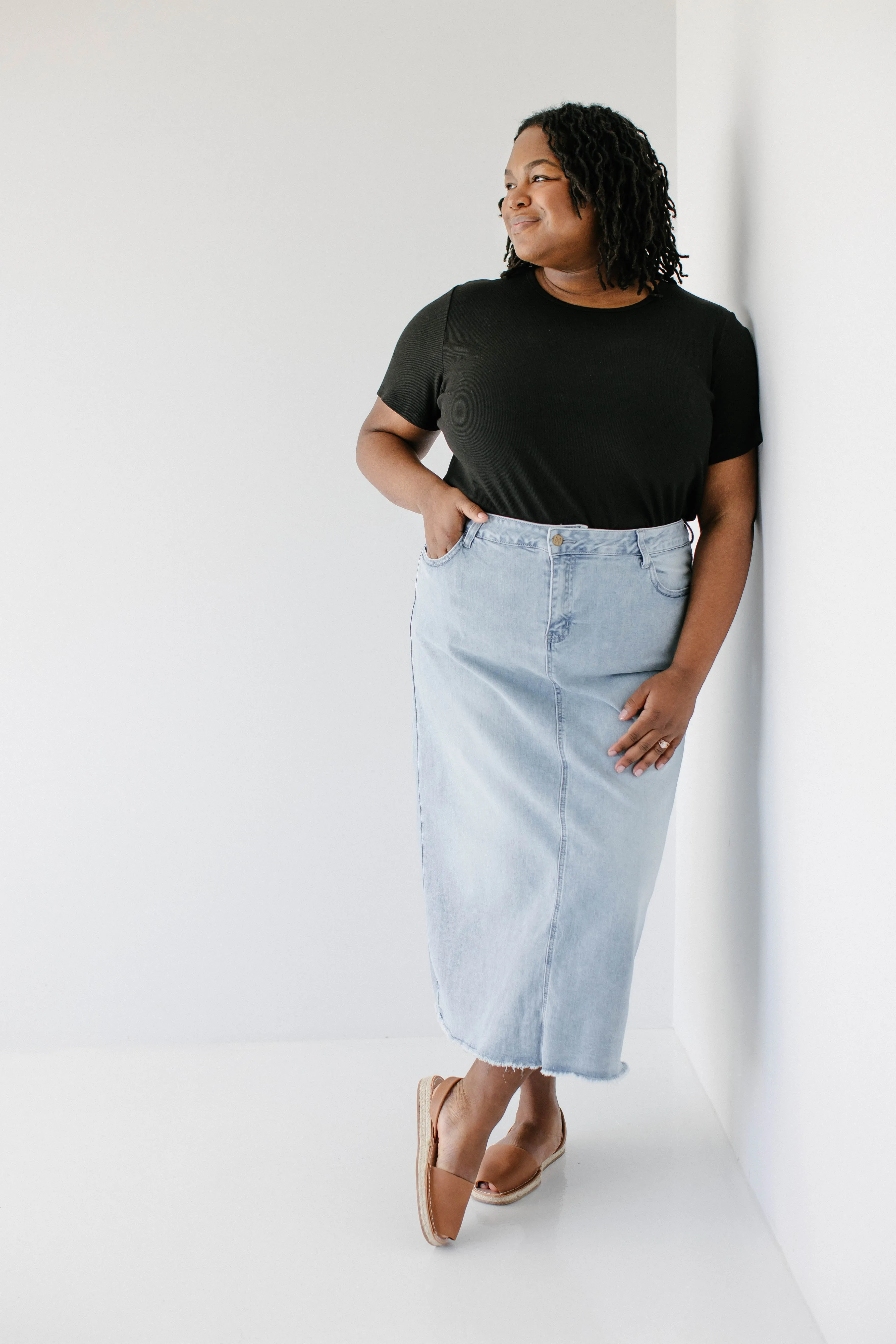 'Laura' Petite Length Denim Midi Skirt